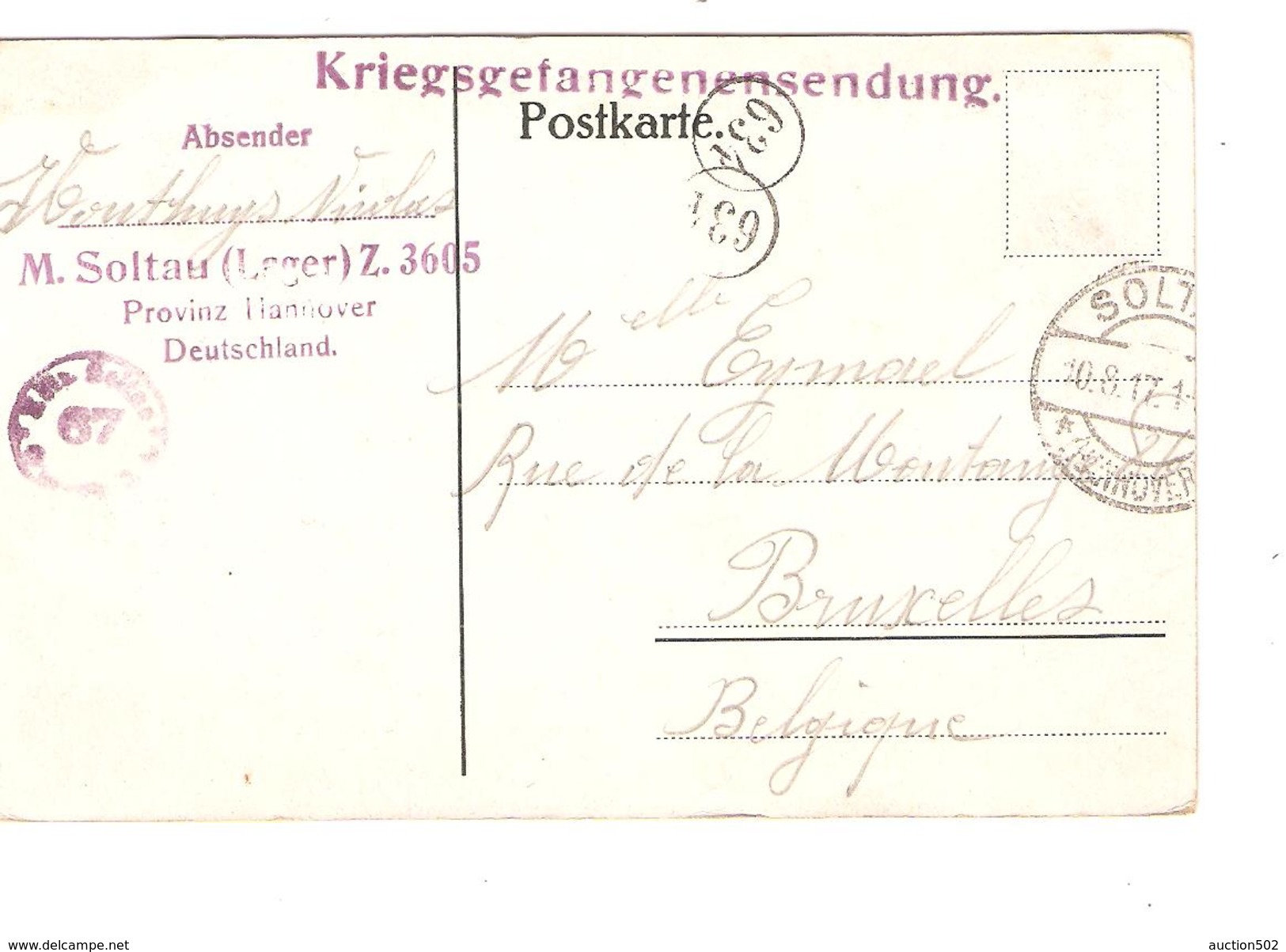 CP PDG-POW Soltau 10/8/1917 Censure Camp 67 C.Lager V.Bxl C.facteurs PR3833 - Prisioneros