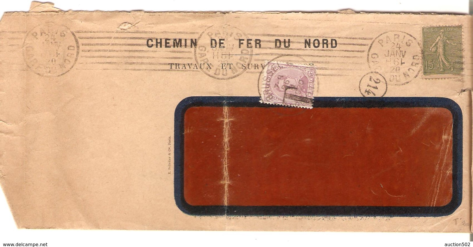 Lettre De France Paris Gare Du Nord 24/18/1920 Taxée 20 C Par TP 140 Surchargé T PR3834 - Covers & Documents