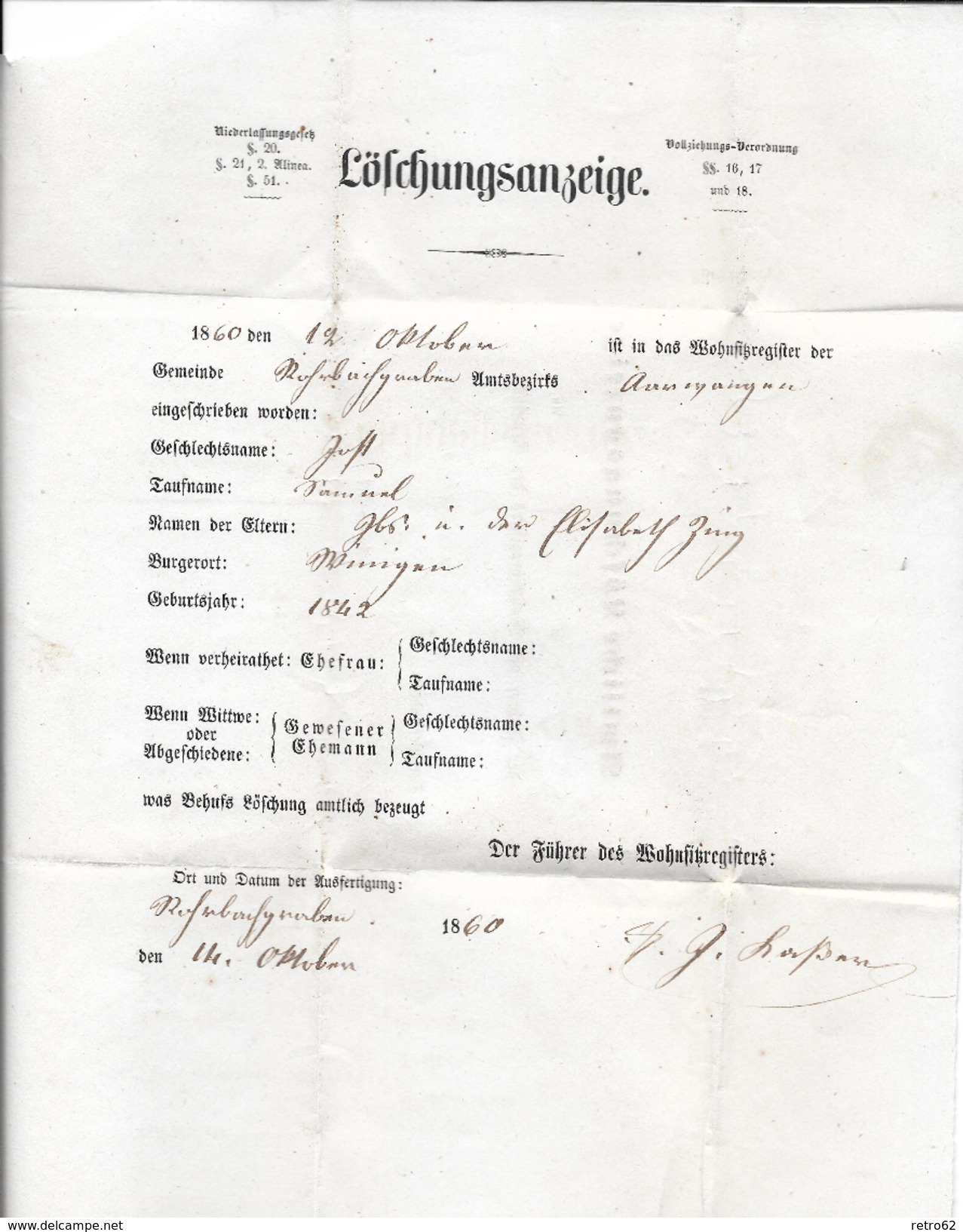 BoM Brief Ohne Marke &rarr; 1860 Löschungsanzeige ROHRBACH / Langenthal 16.X.60  &#x25BA;Balkenstempel ROHRBACH&#x25C4; - Sonstige & Ohne Zuordnung