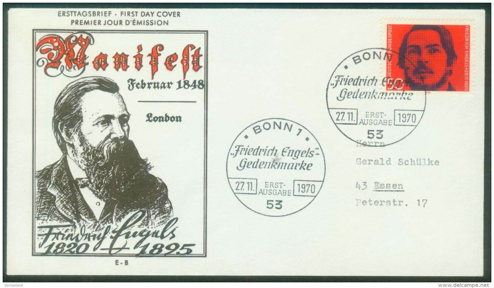 Bund  1970  Friedrich Engels  Stempel: Bonn+Wuppertal  (2 FDC  Kpl. )  Mi: 657 (3,60 EUR) - Autres & Non Classés