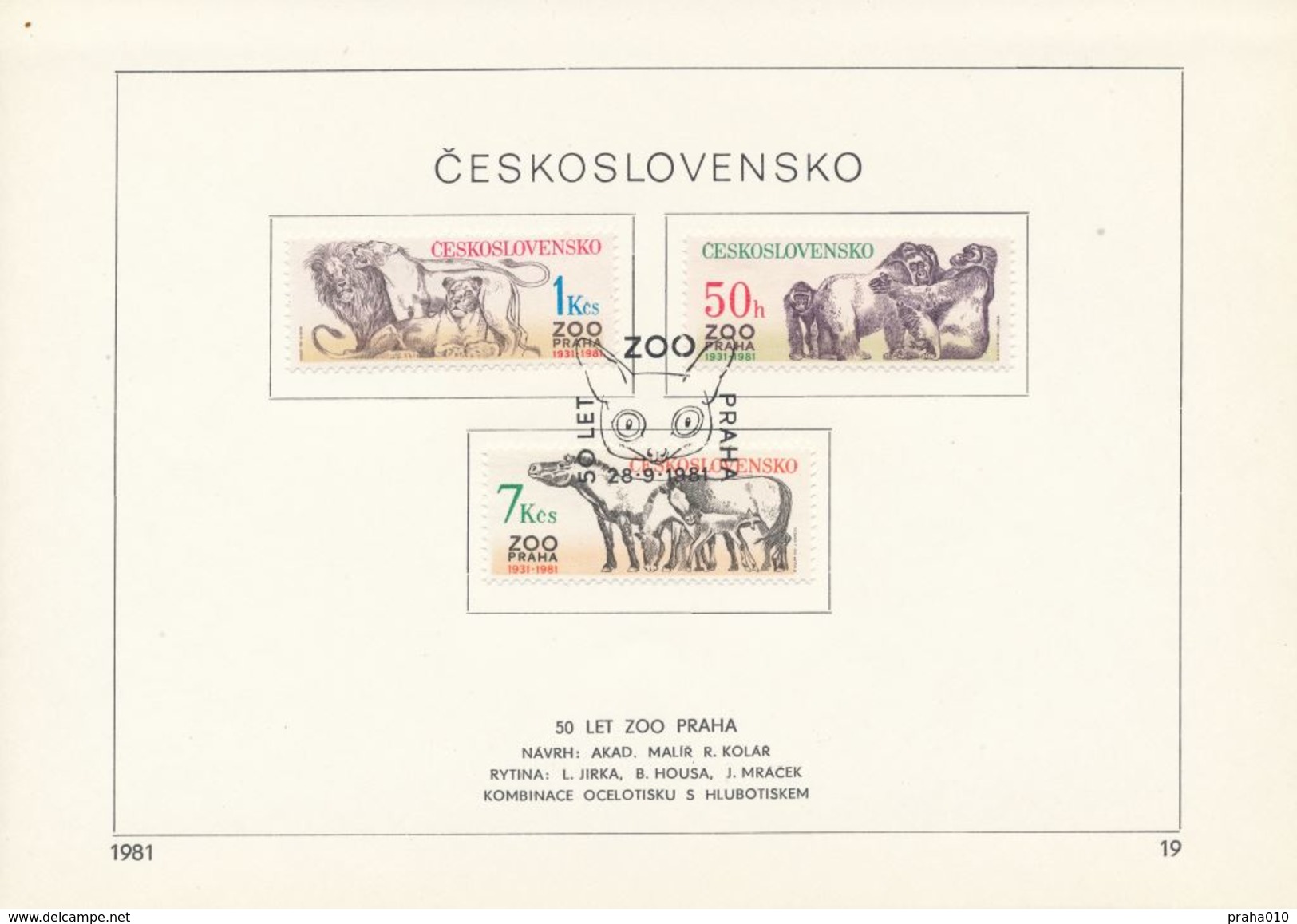 Czechoslovakia / First Day Sheet (1981/19) Praha: 50 Years ZOO Praha 1931-1981 (lions, Gorillas, Przewalski Horses) - Gorilas