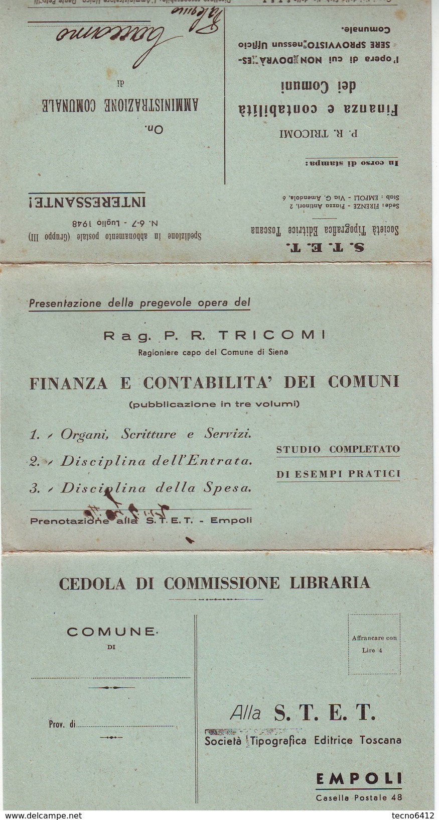 Cartolina Commerciale"P.R.TRICOMI Finanza E Contabilita' Dei Comuni"-S.T.E.T-empoli - Italia