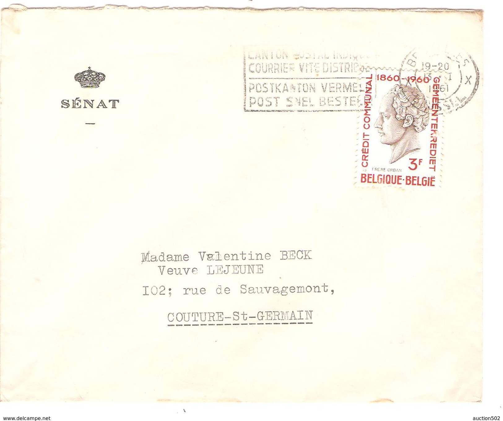 TP 1162 S/L.en-tête Sénat écrite Par P.Warnant Sénateur Court-St-Etienne C.méc.BXL 13/1/1961 V.Couture St.Germain PR3864 - Covers & Documents