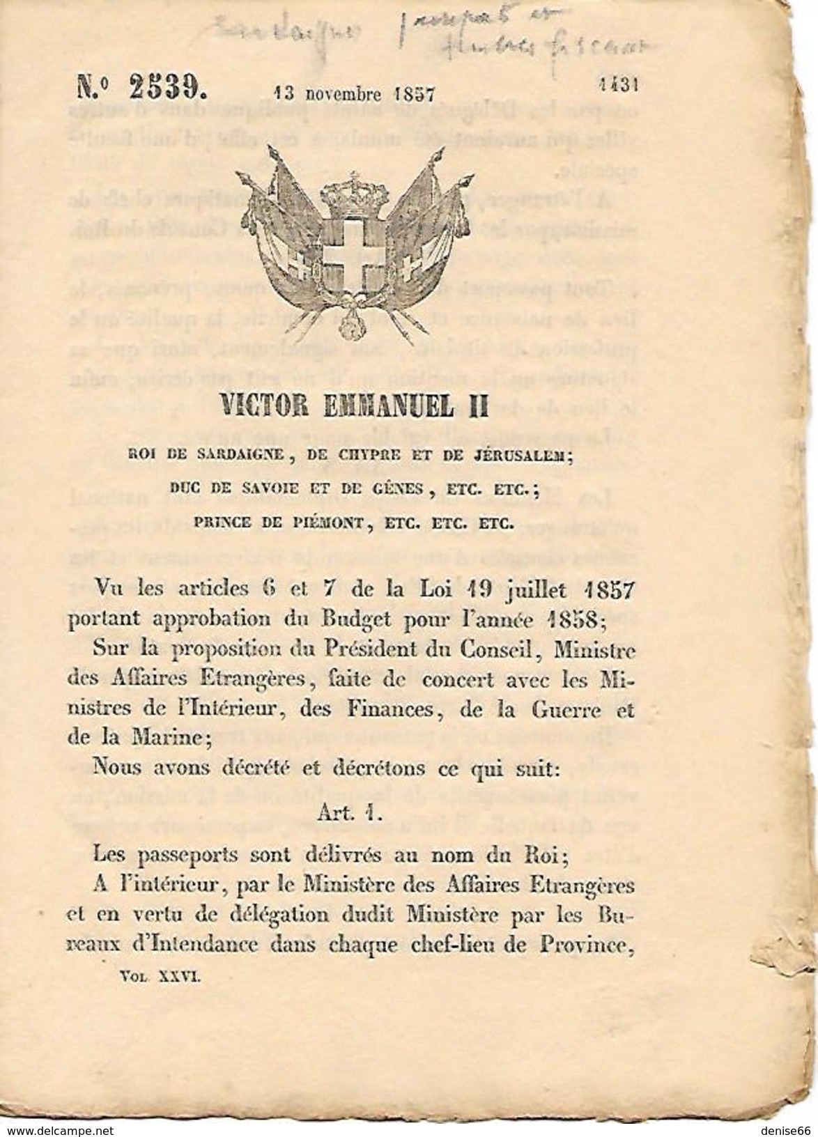 1857 - VICTOR EMMANUEL II  (1820-1878) - (CAVOUR) - Loi Sur Les PASSEPORTS Et Timbres Fiscaux - Documents Historiques