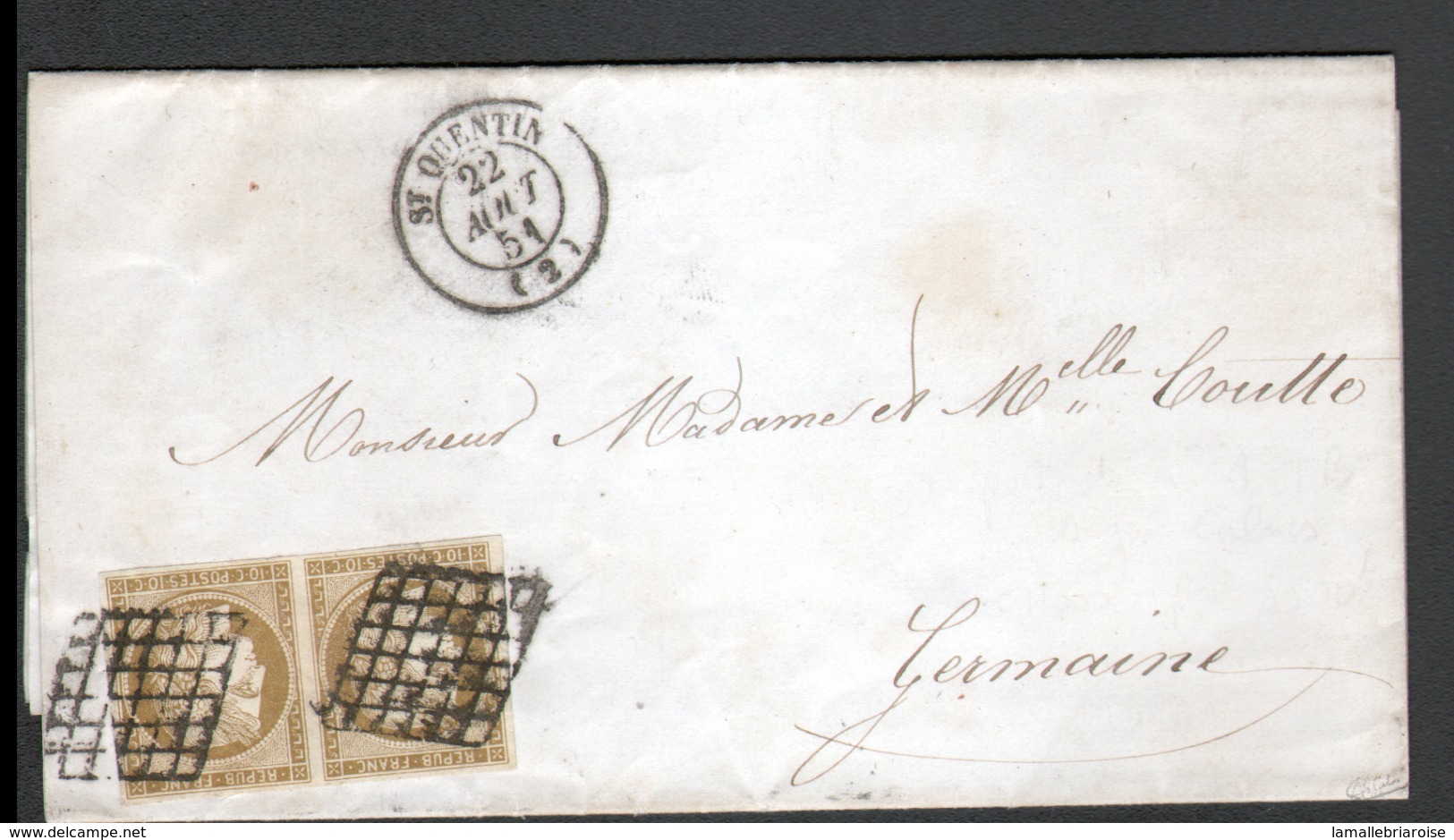 Y & T N° 1 En Paire, 10C BISTRE VERDATRE SUR LETTRE DU 22 AOUT 1851, TYPE 15 De SAINT QUENTIN (2) - 1849-1850 Ceres