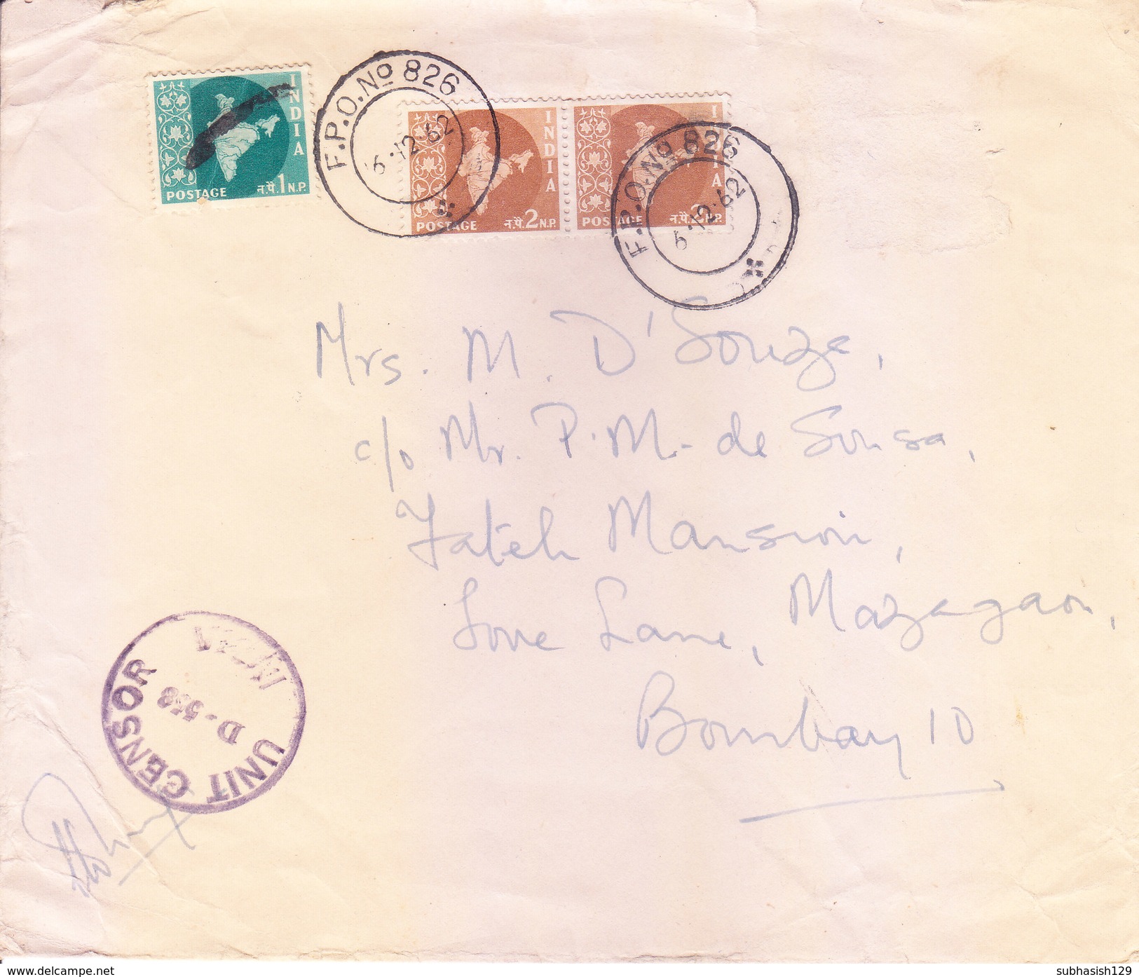 INDIA - 1962 - COMMERCIAL COVER POSTED FROM F.P.O. NO. 826 FOR BOMBAY WITH CENSOR MARKING - Covers & Documents