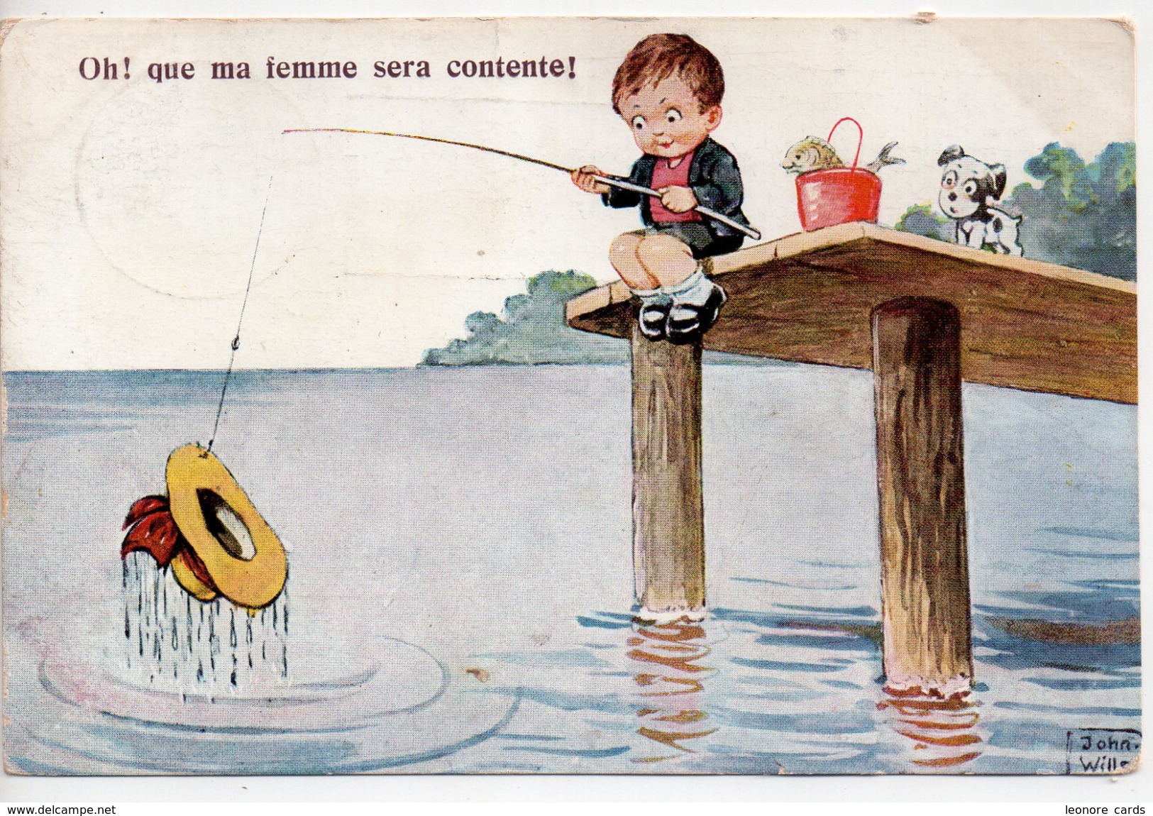 CPA.Illustrateur  Signé.petit Garçon Qui Peche Un Chapeau Et Petit Chien. - Wills, John