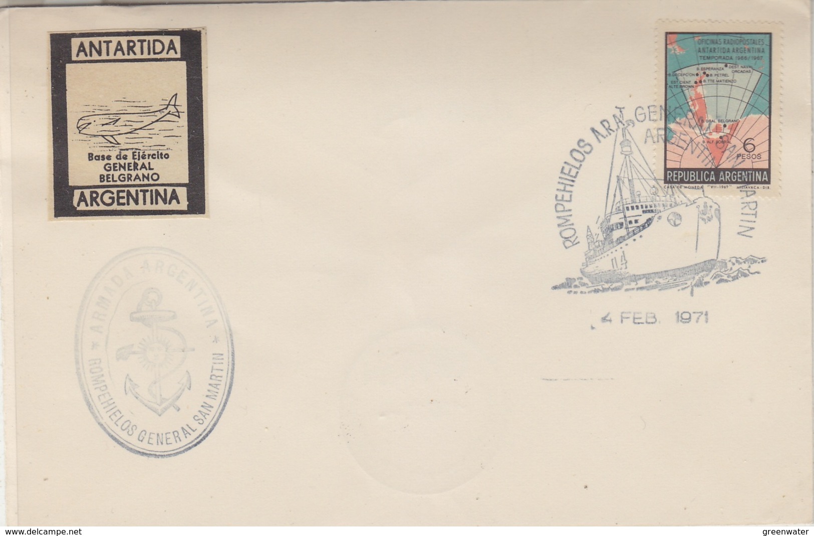 Argentina 1971 Ship San Martin + Label Base General Belgrano Ca 2 Feb 1971 (34325) - Poolshepen & Ijsbrekers