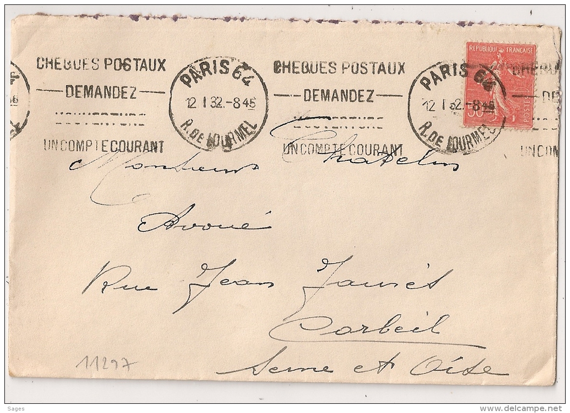 PARIS 64 R. DE LOURMEL.1932 CHEQUES POSTAUX... - Oblitérations Mécaniques (flammes)