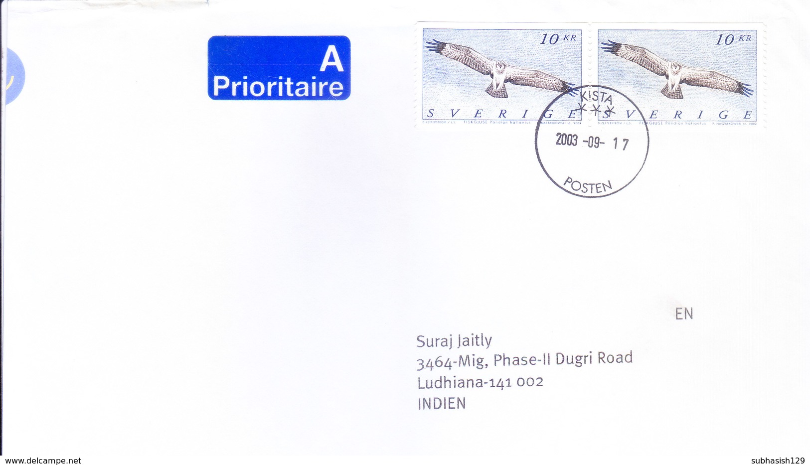 SWEDEN 2003 COMMERCIAL COVER POSTED FROM KISTA FOR INDIA - 2V STRIP OF BIRD STAMP - Briefe U. Dokumente