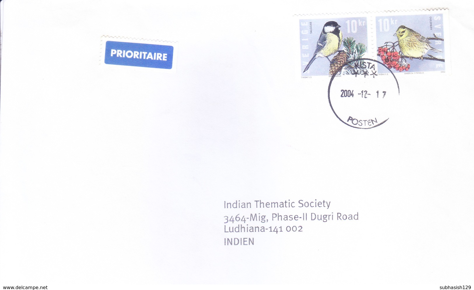 SWEDEN 2004 COMMERCIAL COVER POSTED FROM KISTA FOR INDIA - 2V STRIP OF BIRD STAMP - Covers & Documents
