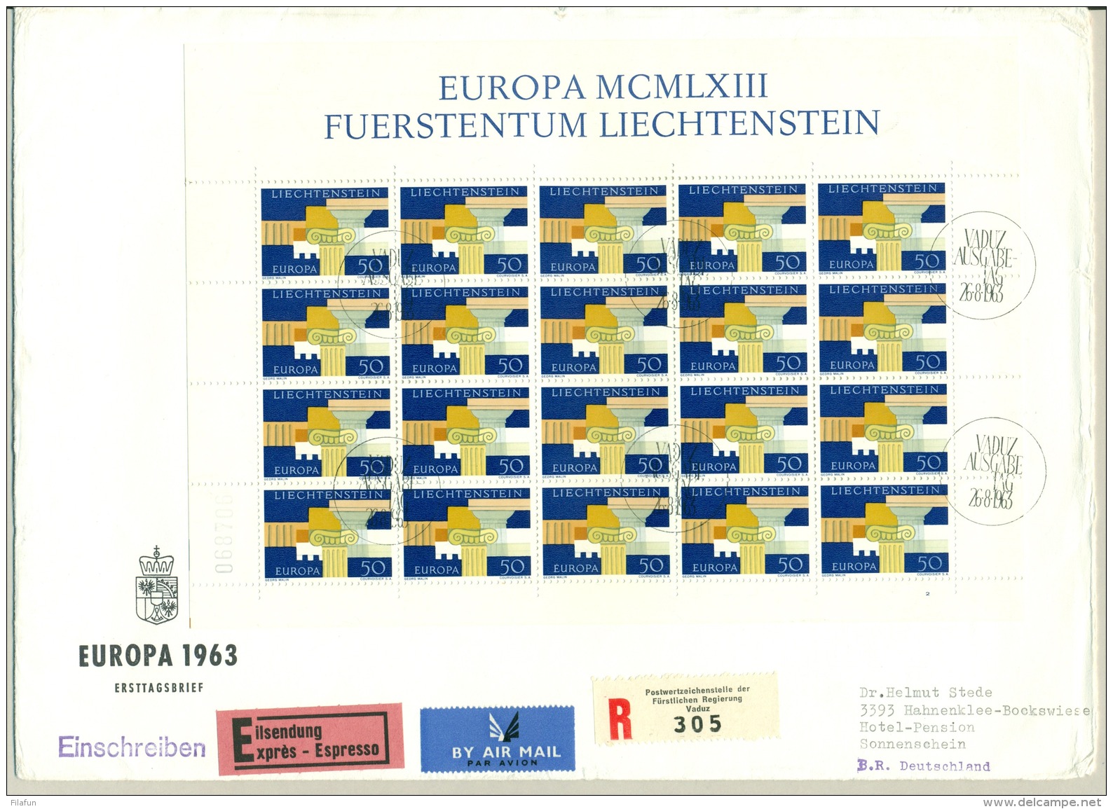 Liechtenstein - 1963 - R-cover With Sheet Of 20 Europe-stamps From Vaduz 1st Day To Hahnenklee / Deutschland - Brieven En Documenten