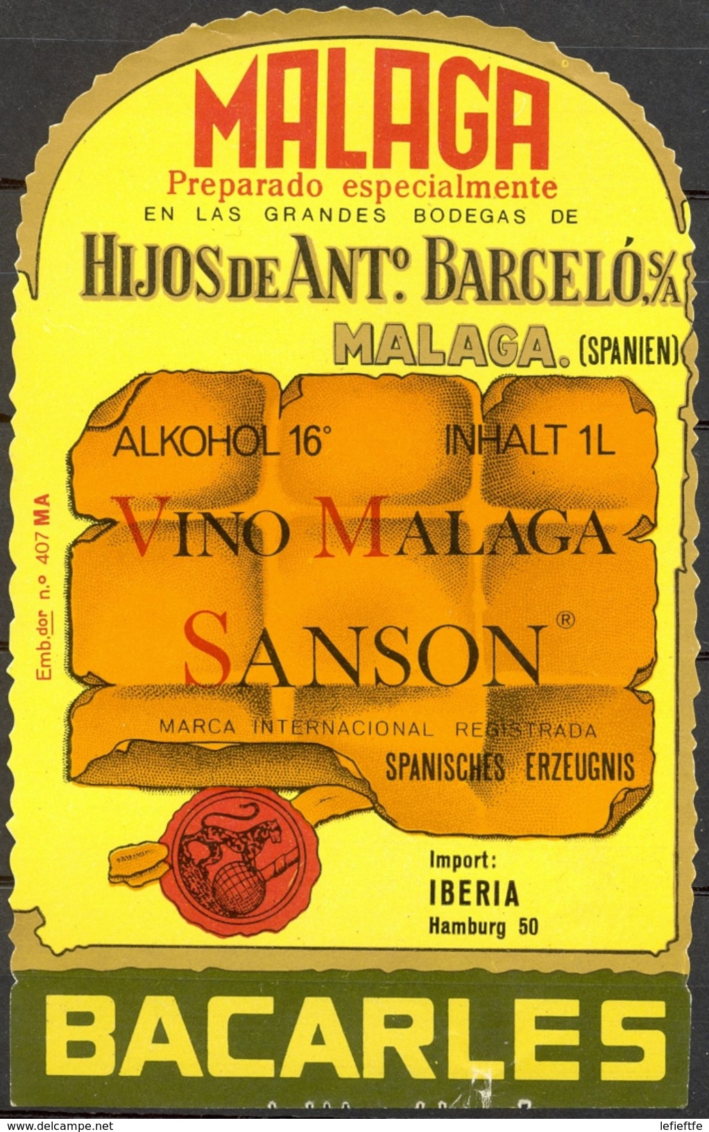 539 - Espagne - Vino Malaga - Sanson - Hijos De Antº Barcelo S/A - Bacarles - Vino Tinto