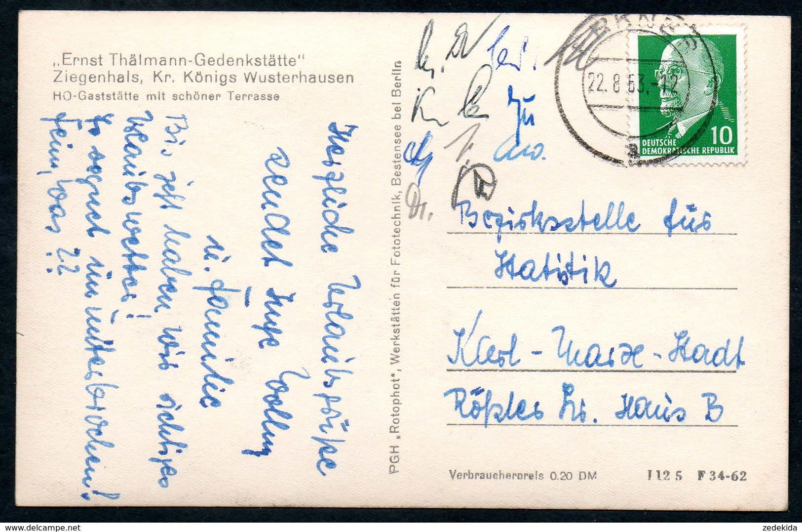 9177 - Alte Foto Ansichtskarte - Ernst Thälmann Gedenkstätte Ziegenhals - HO Gaststätte - Gel 1963 - Rotophot PKW - Koenigs-Wusterhausen