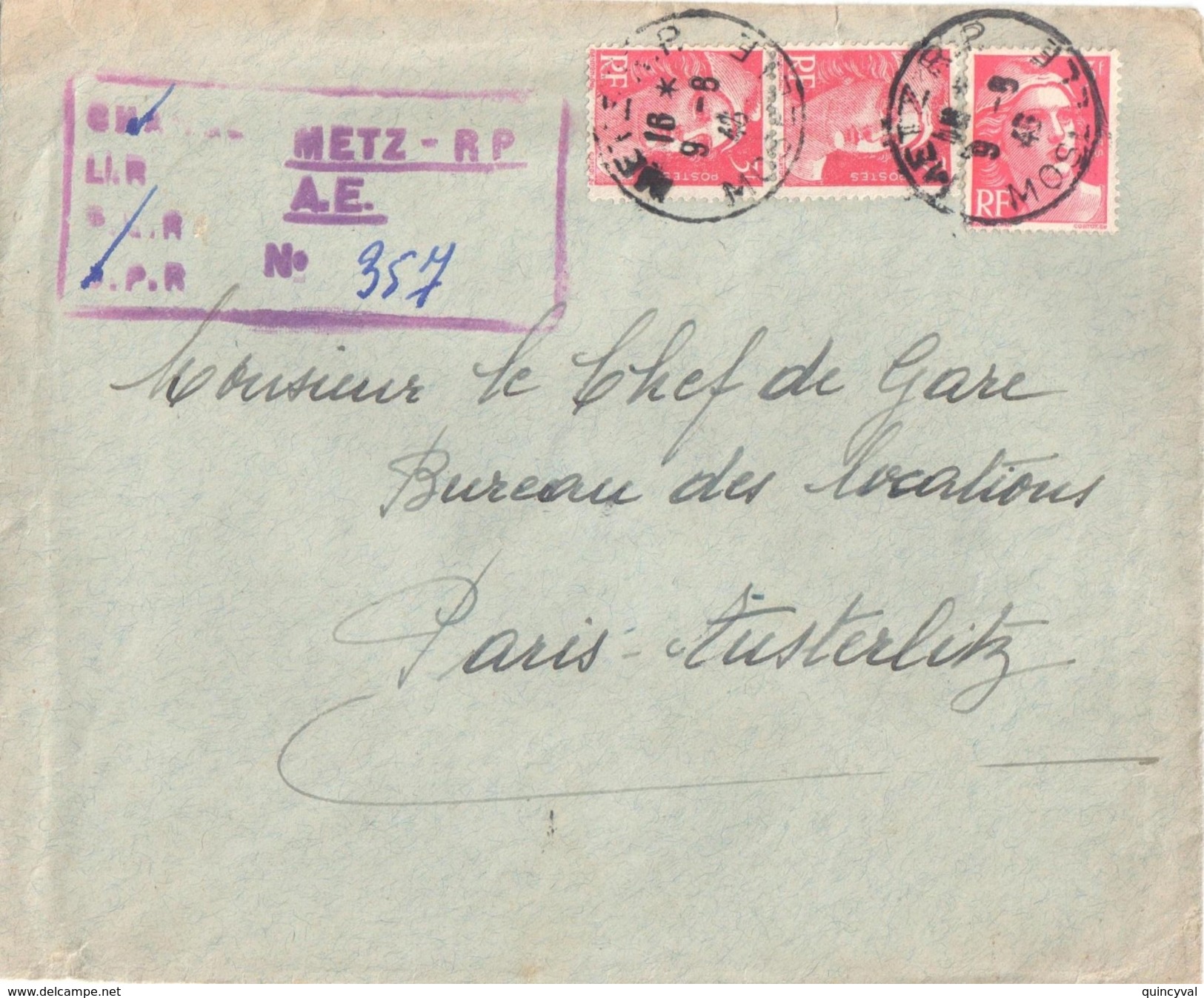 3699 METZ RP Moselle Lettre Recommandée Provisoire Grille Rouge Gandon 3 F Rose Yv 716 Ob 9 8 1946 - Storia Postale