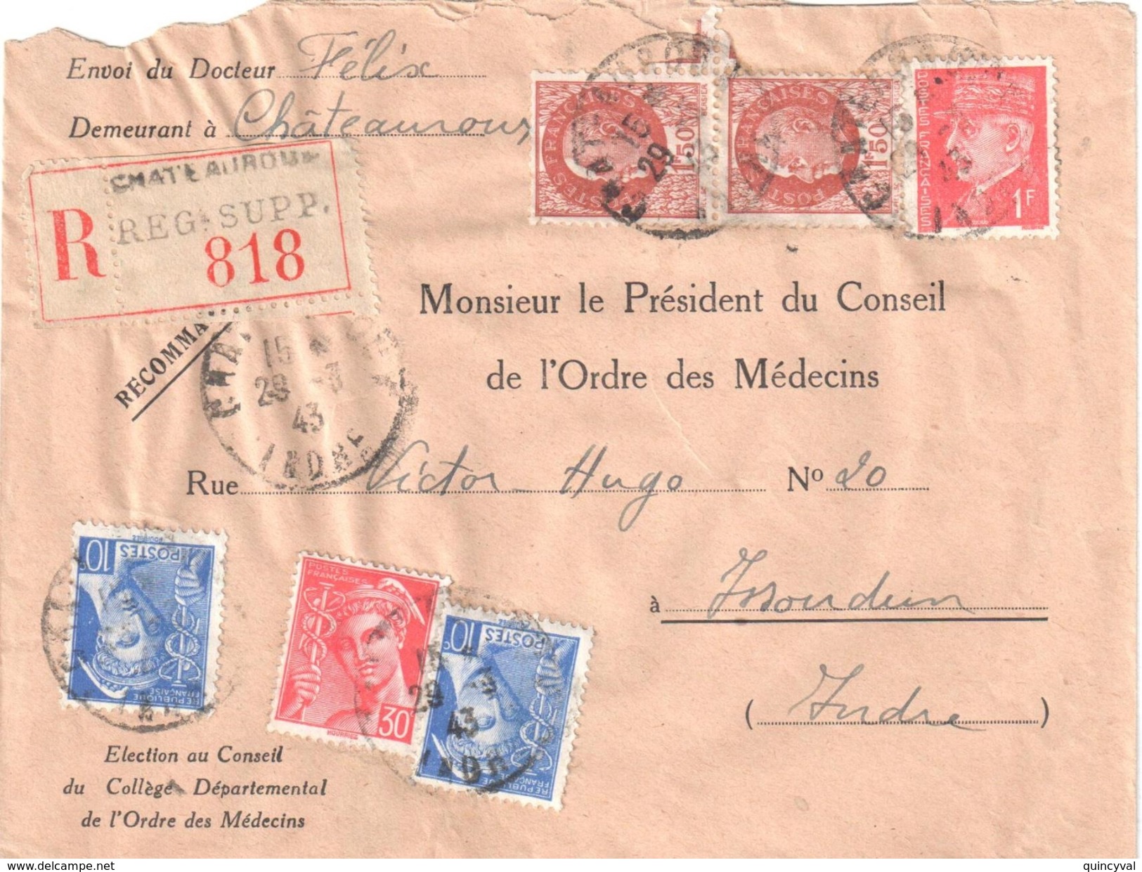 3702 CHATEAUROUX Indre Recommandé Etiquette Registre Supplémentaire Médecins Pétain Mercure Yv 407 412 514 517 Ob 1943 - Storia Postale