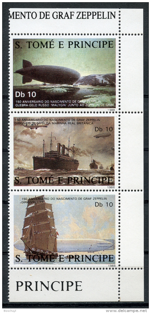 Sao Tome And Principe, 1988, Graf Von Zeppelin, Ships, Boats, MNH Strip, Michel 1056-1058 - Sao Tome And Principe