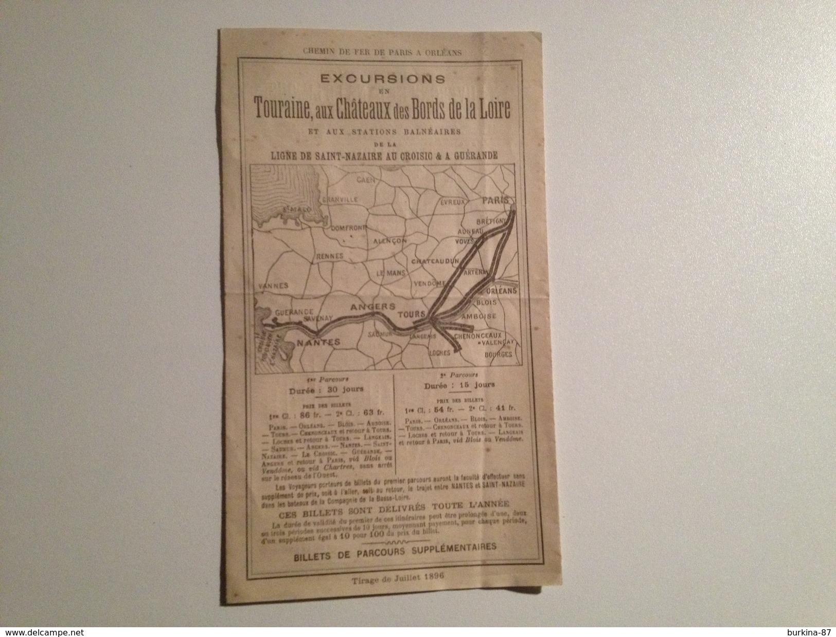 Chemin De Fer, Paris à Orlean, 1896, Publicité Vers Les Stations Thermales Et Excursions En Touraine - Europa