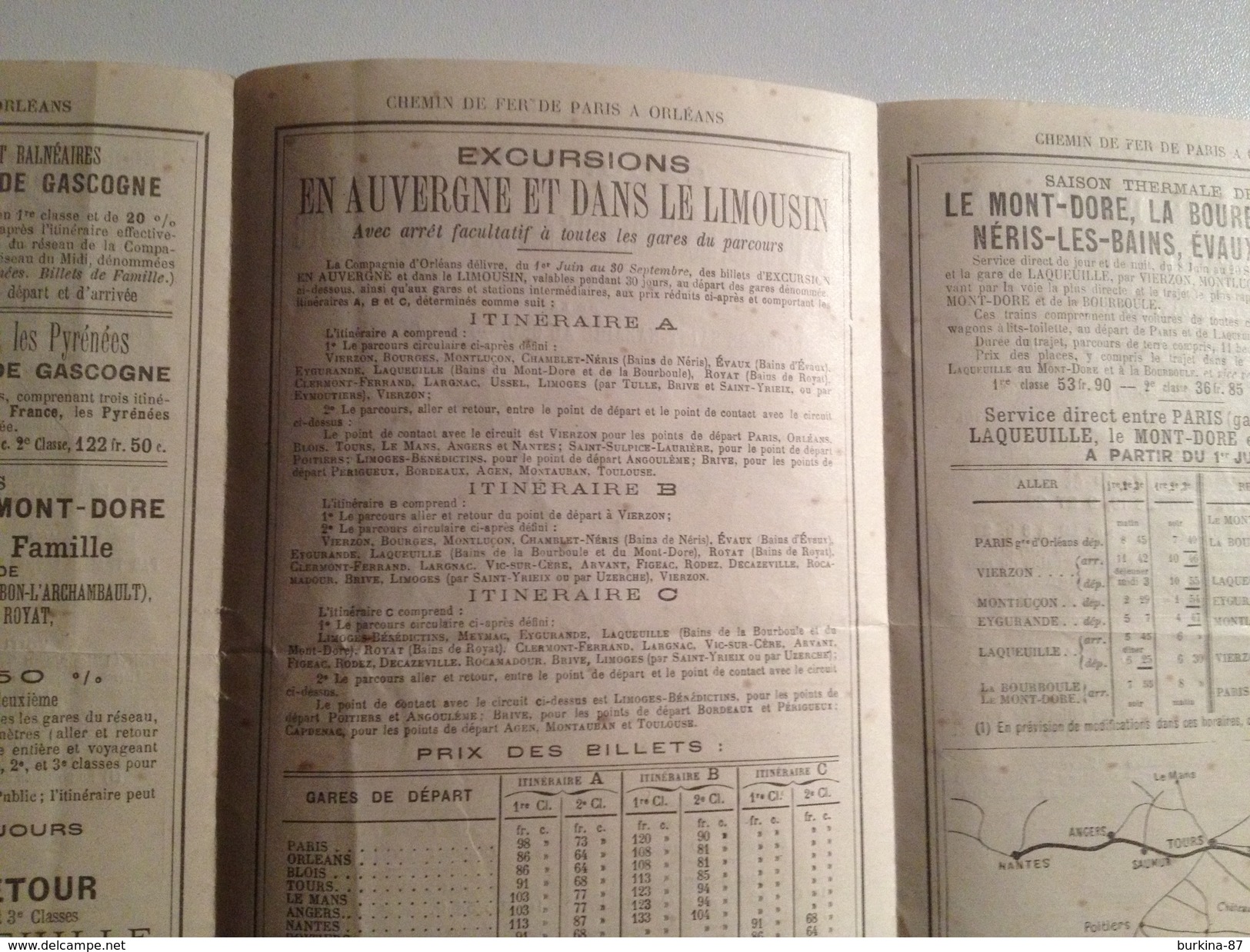 Chemin de fer, Paris à Orlean, 1896, publicité vers les stations thermales et excursions en Touraine