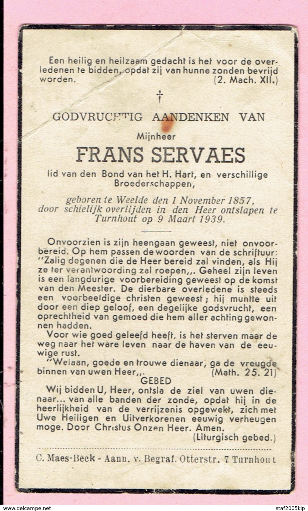 Bidprentje - FRANS SERVAES - Weelde 1857 - Turnhout 1939 - Images Religieuses