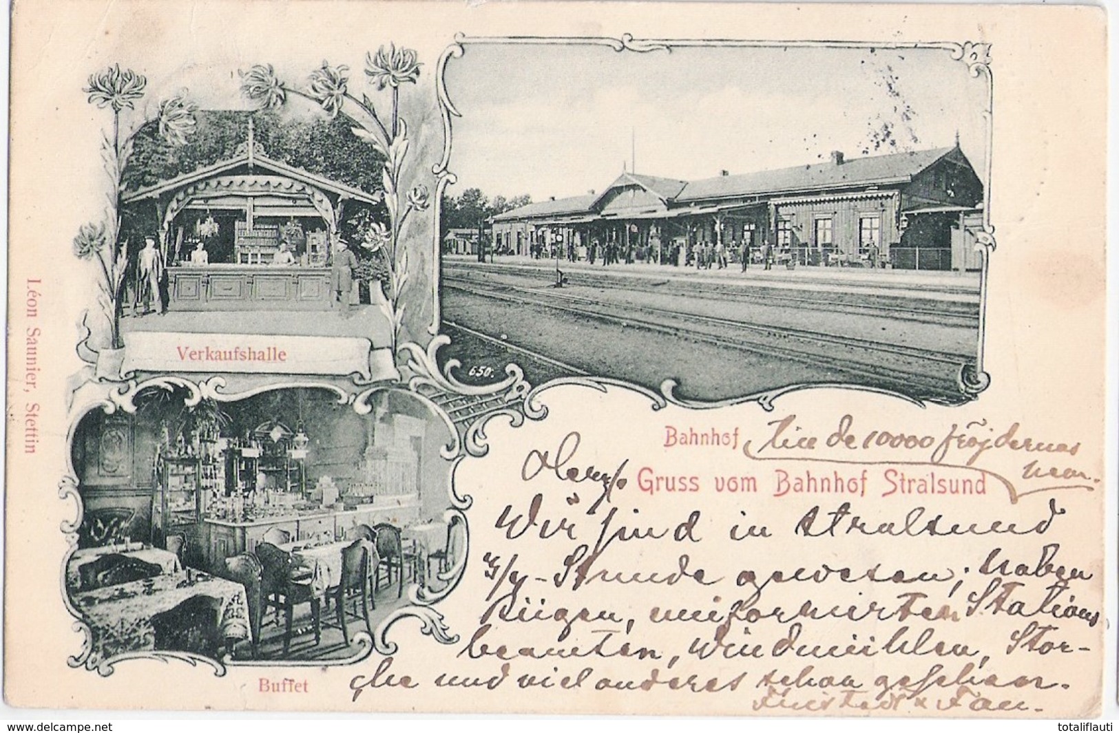 STRALSUND Vor Pommern Bahnhof Gleisseite Belebt Verkaufshalle Buffet Jugendstil 22.6.1900 Gelaufen - Stazioni Senza Treni