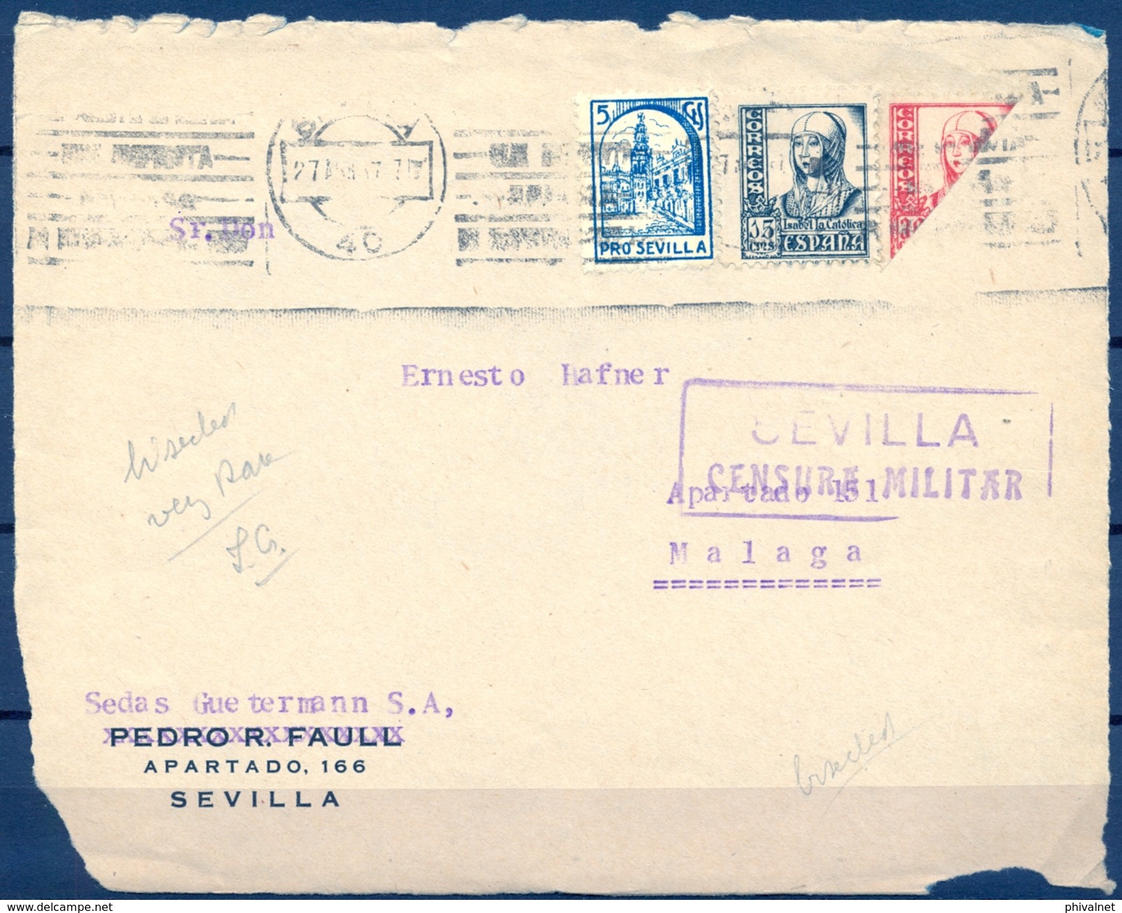 1937 , SEVILLA , FRANQUEO CON SELLO BISECTADO , ED. 823 , LOCAL PRO SEVILLA , CENSURA MILITAR - Cartas & Documentos