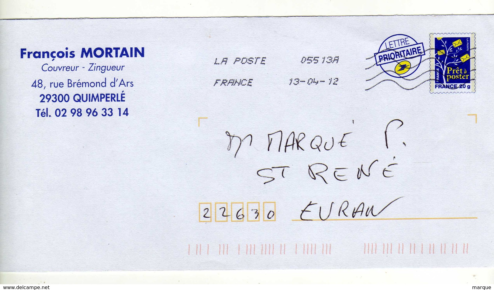 Enveloppe Prêt à Poster Oblitération LA POSTE 05513A 13/04/2012 - Prêts-à-poster: Repiquages /Logo Bleu