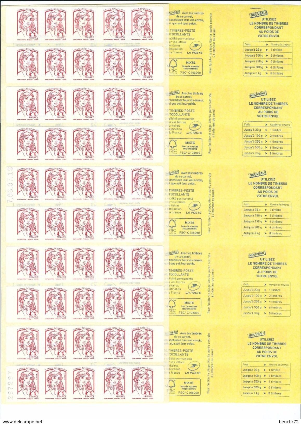 Bande SAGEM De 5 Carnets CIAPPA LP Soit 50 TP - AVEC CARRE PHOSPHORE - AVEC DATE 05.07.2016 Et Numéro : 287297 - Carnets