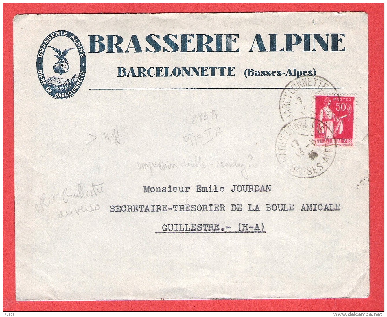 L Pub Brasserie Alpine BARCELONNETTE  Biere  Beer  TP 283 A Obl 13 VIII 1935 Vers Guillestre - 1921-1960: Période Moderne