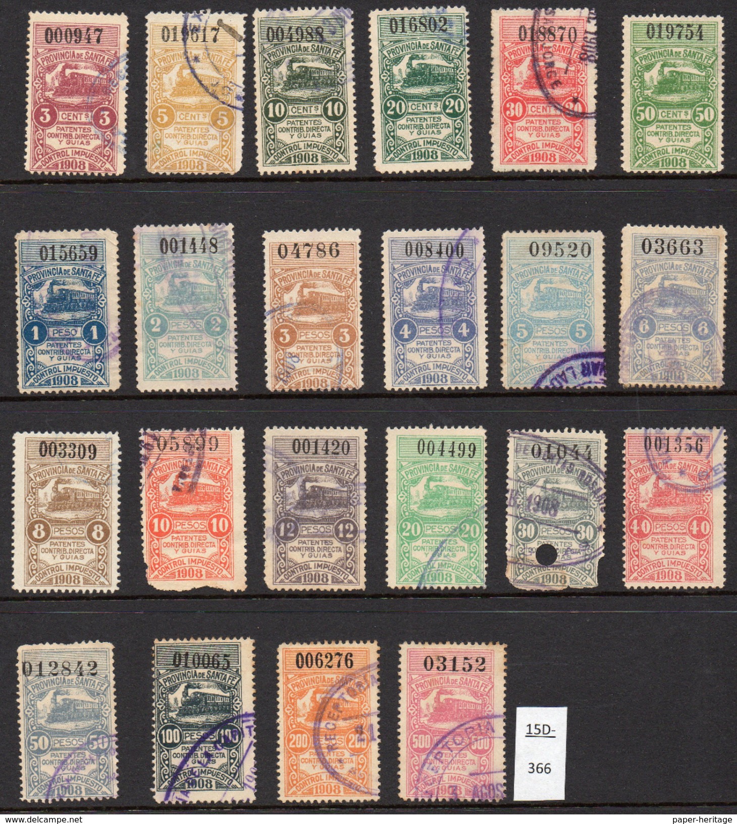 Argentina 1908 Santa Fe Municipal Revenue Stamps &ndash; Railway - Steam Train &ndash; Locomotive Used (22) - Trains