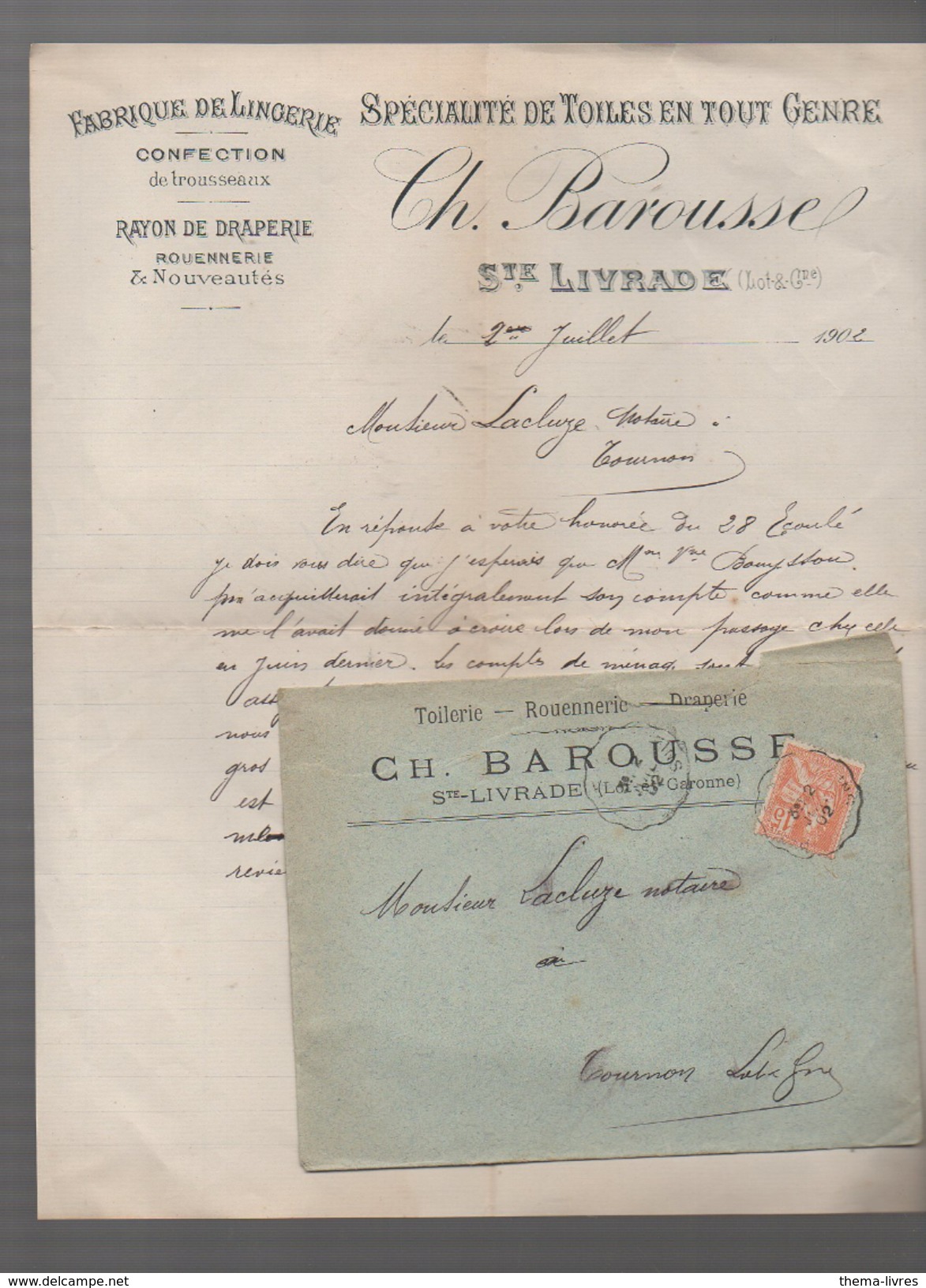 (sainter Livrade Lot Et Garonne) Lettre à Entête BAROUSSE  (toiles) Avec Son Enveloppe D'expedition 1902 (PPP4132) - Textile & Vestimentaire