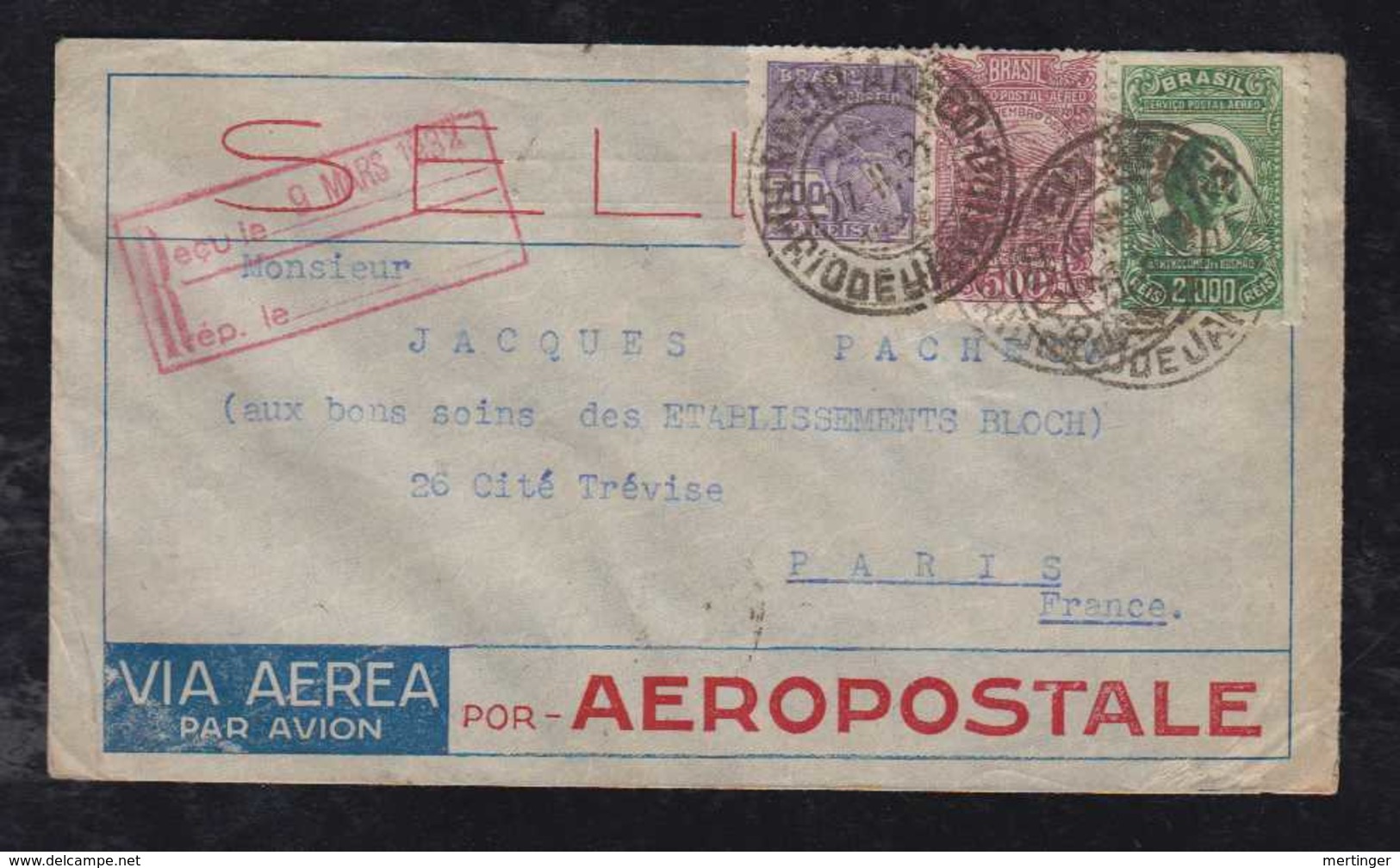 Brazil Brasil 1932 Airmail Cover AEROPOSTALE RIO To PARIS France - Poste Aérienne
