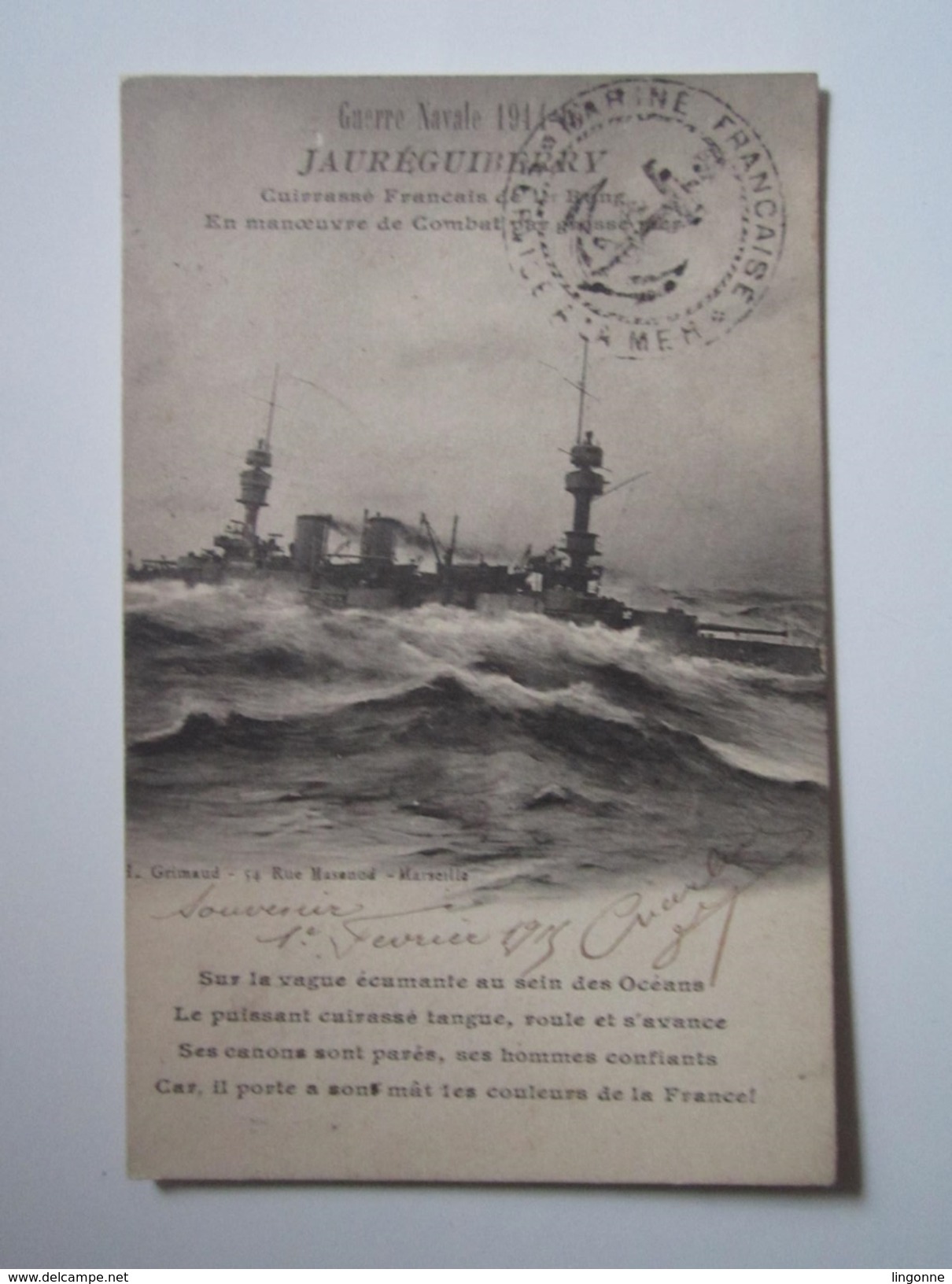 Guerre Navale 1914 JAUREGUIBERRY Cuirassé Français - Cachet Militaire Marine Française Service à La Mer - 1915 - Guerre 1914-18