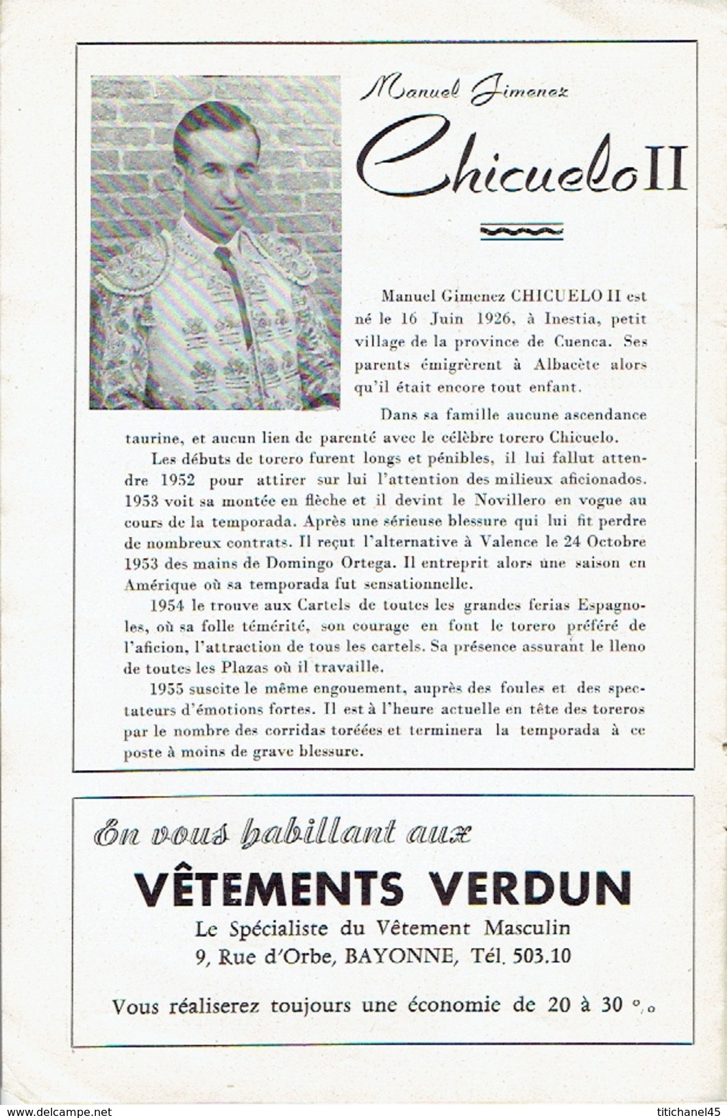 Programme Officiel 14 Et 15 Août 1955 TOROS Arènes De BAYONNE-BIARRITZ : PERALTA - ORTEGA - JUMILLANO - CHICUELO II - Programs