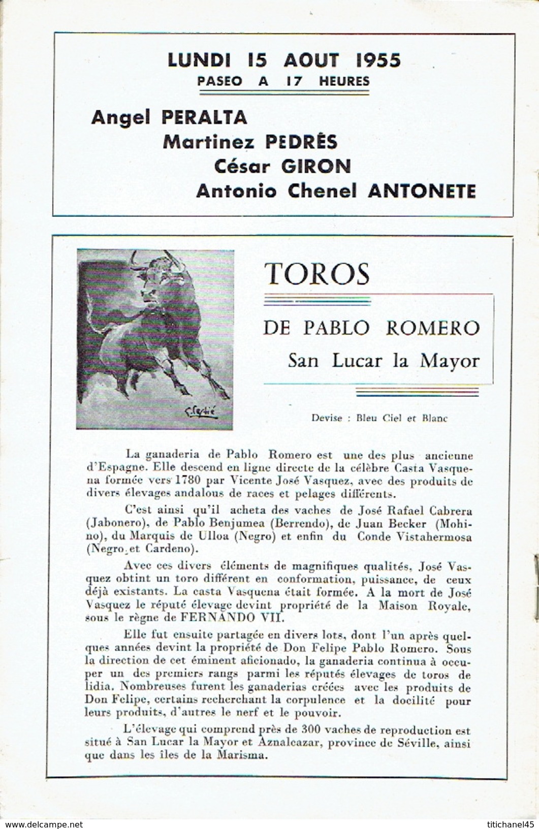 Programme officiel 14 et 15 août 1955 TOROS Arènes de BAYONNE-BIARRITZ : PERALTA - ORTEGA - JUMILLANO - CHICUELO II