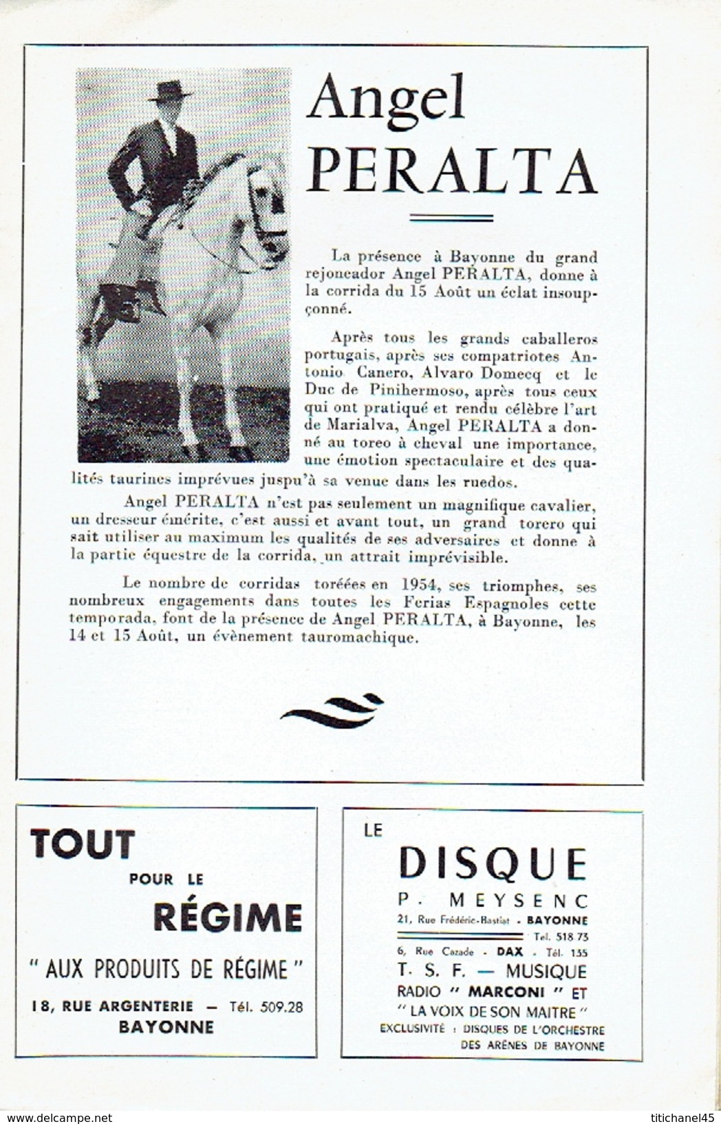 Programme officiel 14 et 15 août 1955 TOROS Arènes de BAYONNE-BIARRITZ : PERALTA - ORTEGA - JUMILLANO - CHICUELO II