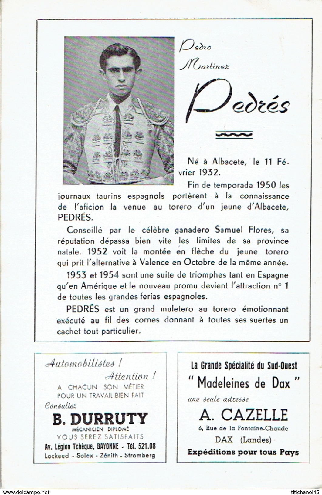 Programme officiel 14 et 15 août 1955 TOROS Arènes de BAYONNE-BIARRITZ : PERALTA - ORTEGA - JUMILLANO - CHICUELO II