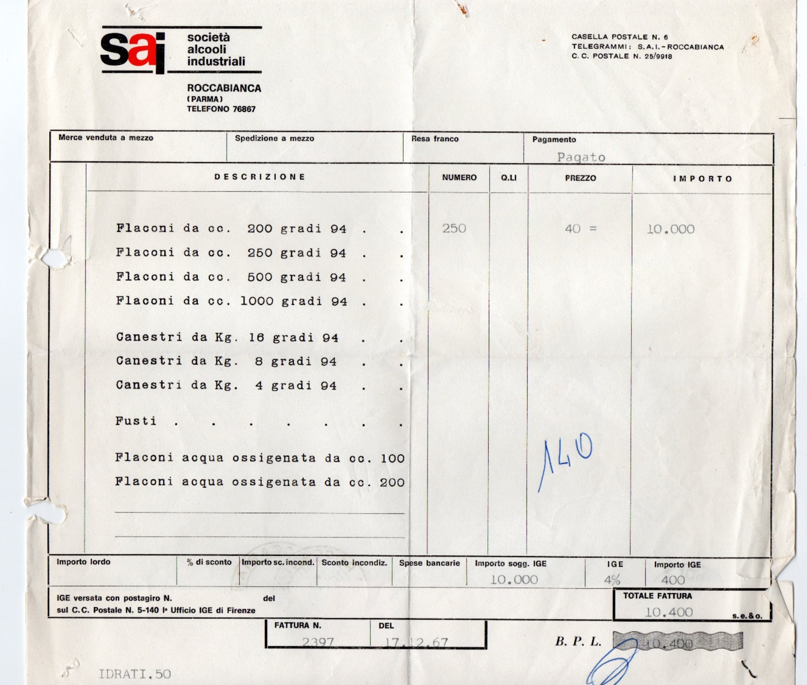 Storia Postale - Lire 40 Michelangiolesca Isolato In Tariffa Su Fattura Commerciale Da Roccabianca  A Piadena - 1946-60: Storia Postale