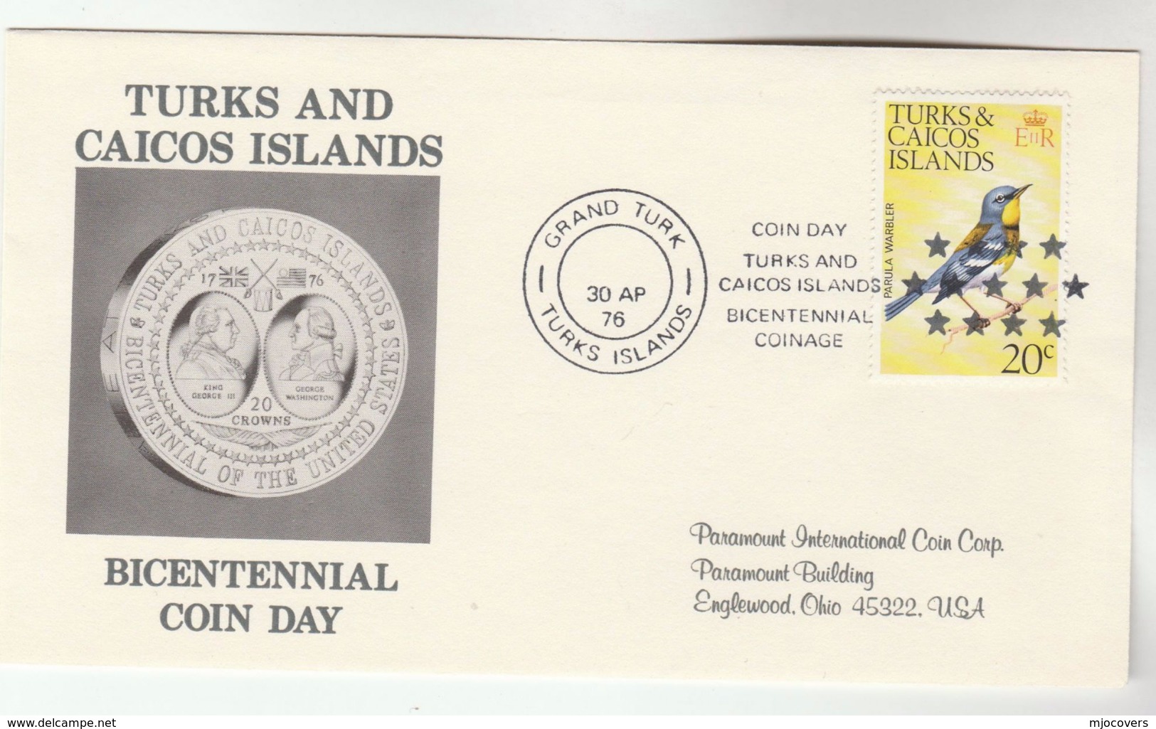 1976 TURKS CAICOS ISLANDS Illus  US BICENTENNIAL COIN DAY WASHINGTON Event COVER Bird Stamps Birds - Us Independence