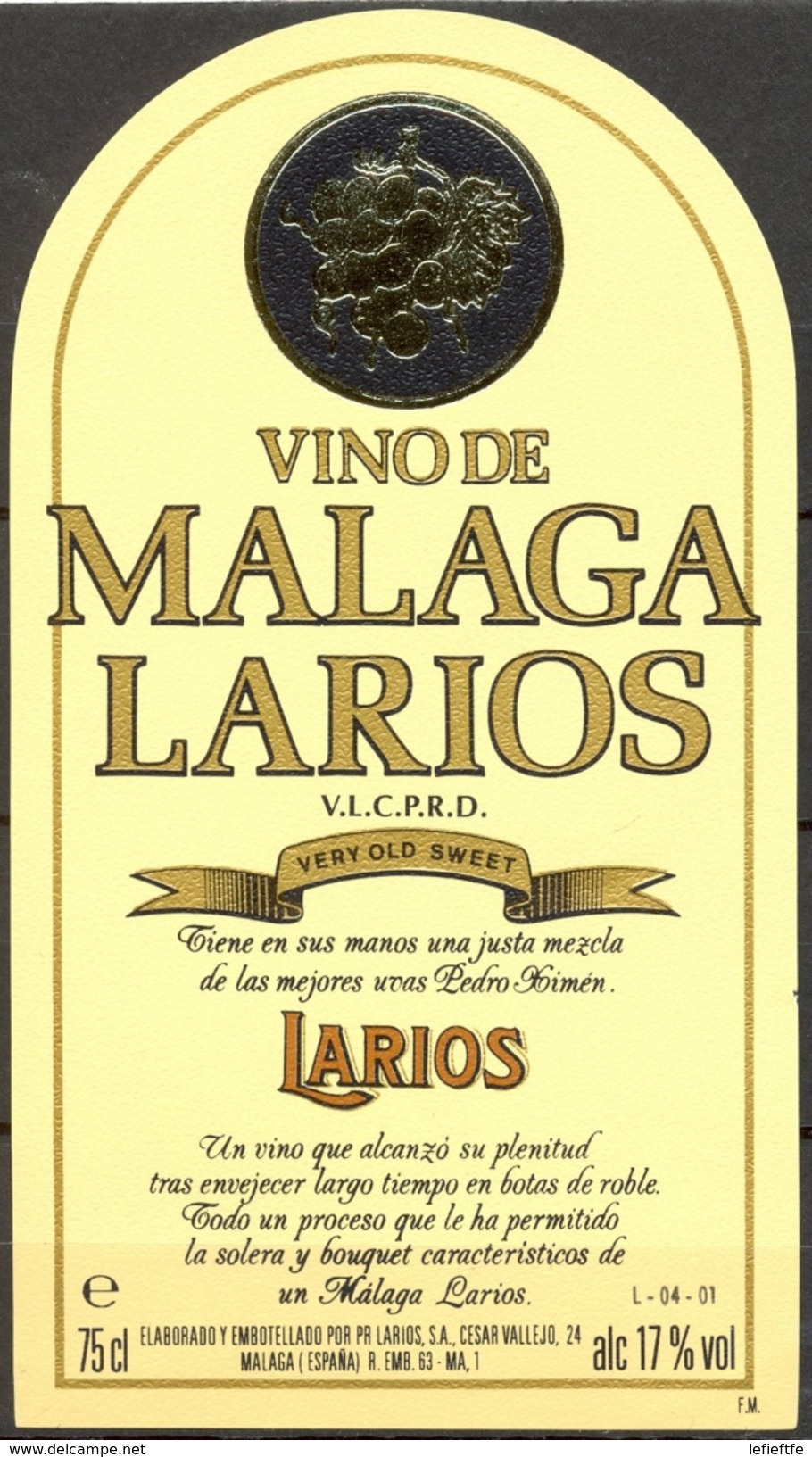 541 - Espagne - Malaga - Vino De Malaga Larios - Very Old Sweet - Larios S.A. Malaga - Vino Tinto