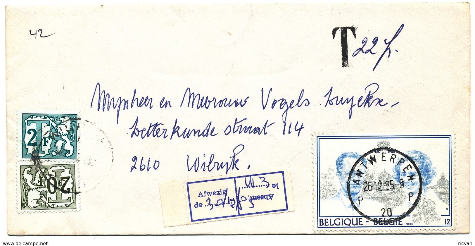 1985 OMSLAG MET COB2198 V. ANTWERPEN N. WILRIJK MET TX67+72 - Lettres & Documents