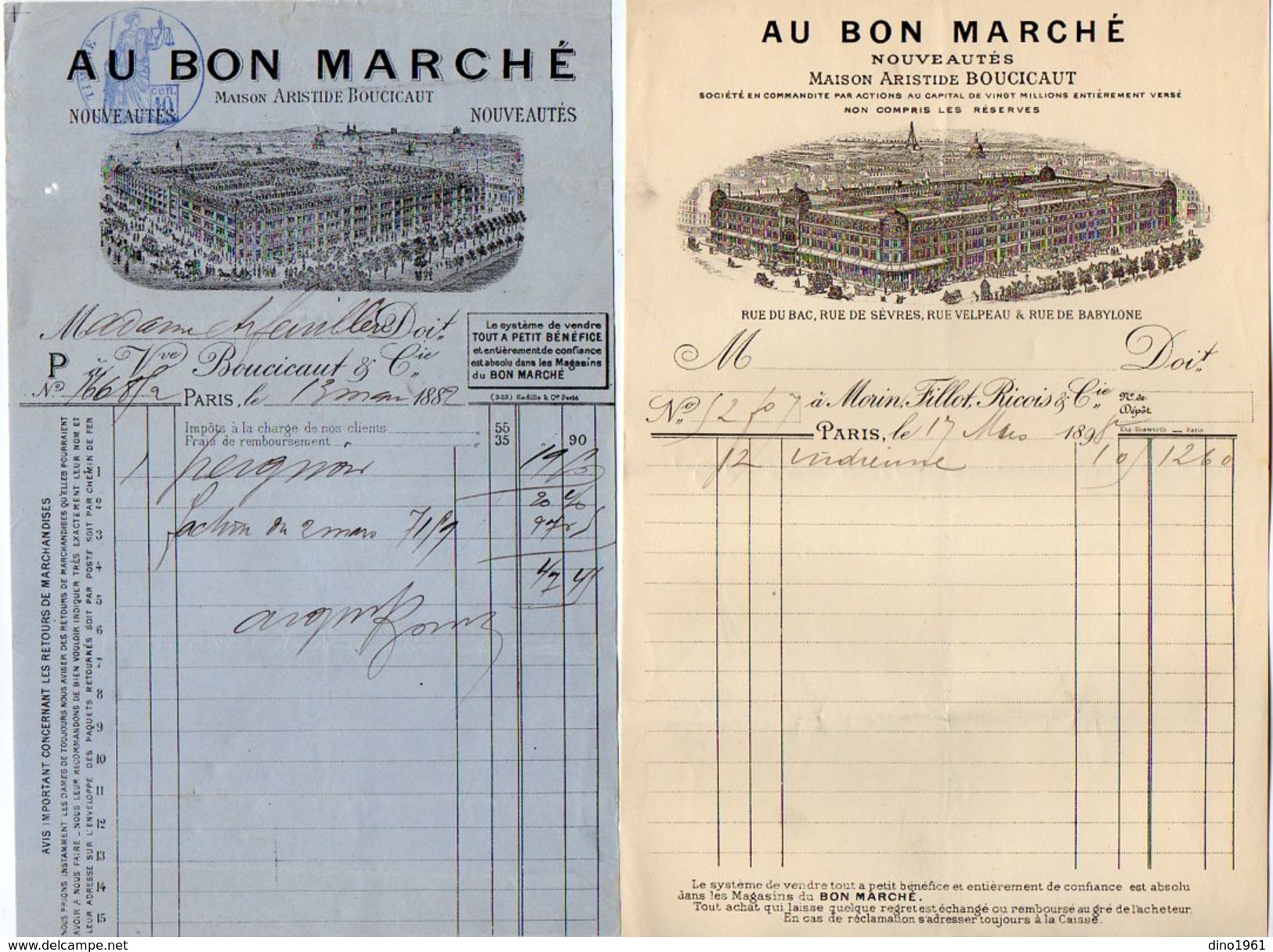 VP7141 - 2 Factures - Maison Aristide BOUCICAUT ¨ AU BON MARCHE ¨ à PARIS Rue Du Bac,de Sevres,de Velpeau,de Babylone - 1800 – 1899