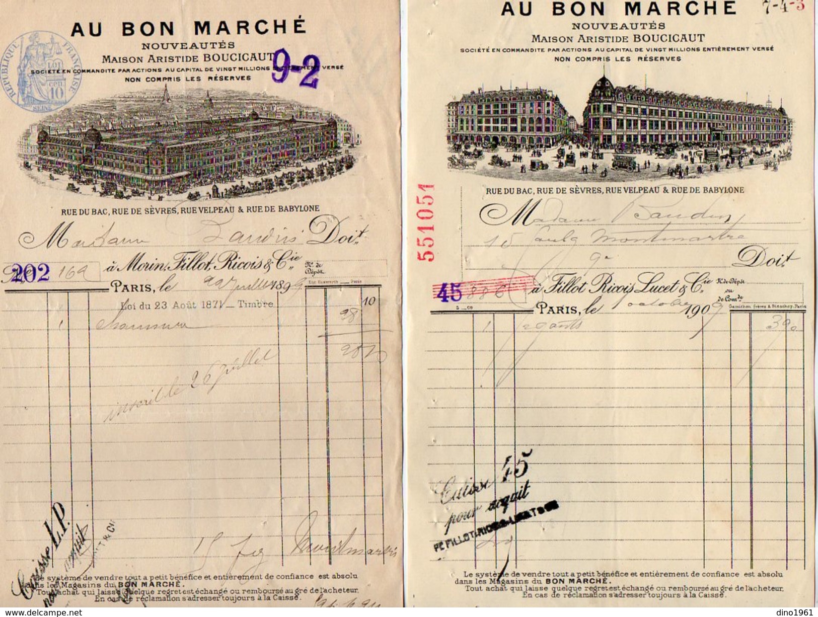 VP7142 - 2 Factures - Maison Aristide BOUCICAUT ¨ AU BON MARCHE ¨ à PARIS Rue Du Bac,de Sevres,de Velpeau,de Babylone - 1800 – 1899