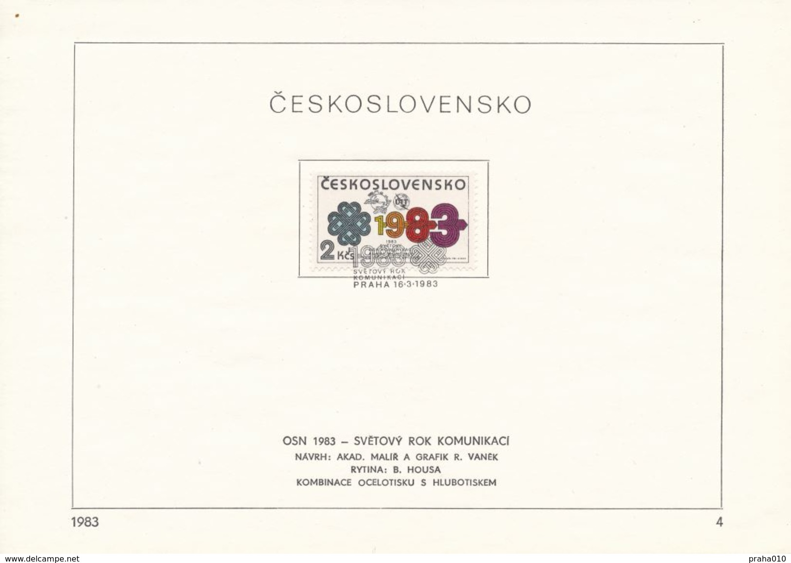 Czechoslovakia / First Day Sheet (1983/04) Praha: World Year Of Communications 1983 (UPU, UIT); Painter: Rostislav Vanek - UPU (Union Postale Universelle)