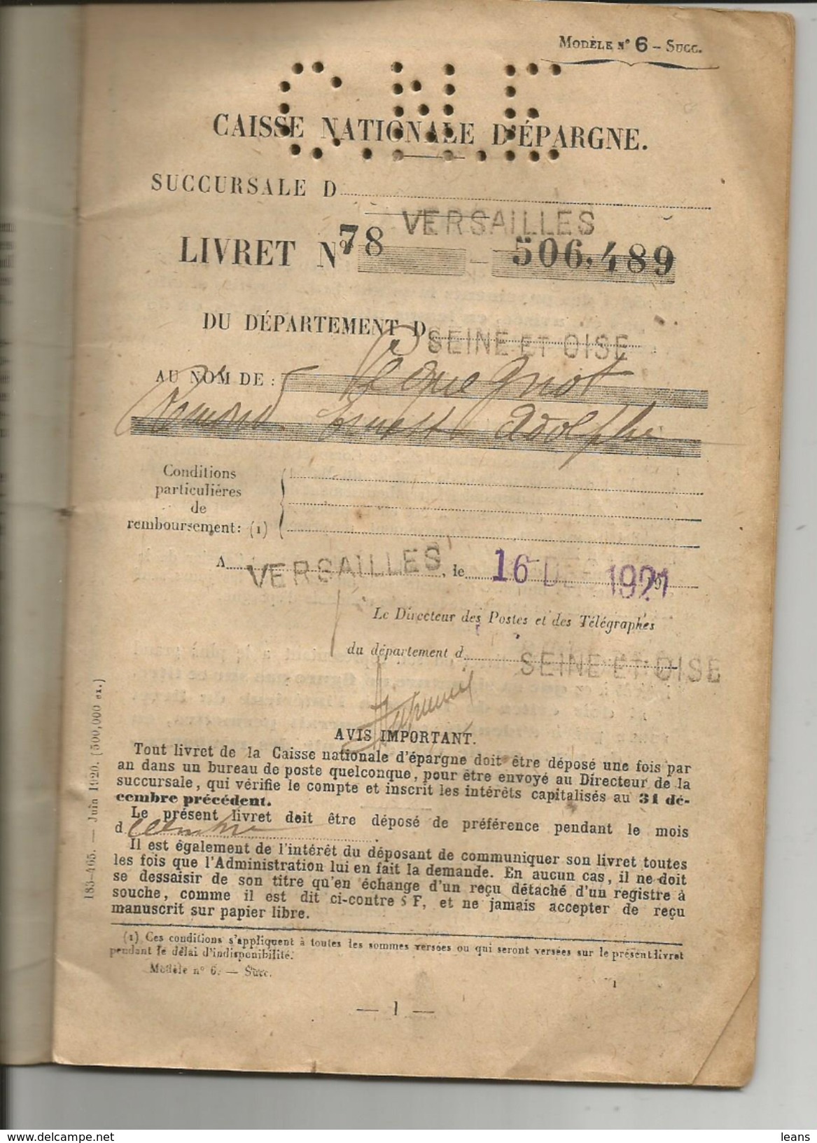 LIVRET NATIONAL D EPARGNE    Succursale De VERSAILLES  1921 - Collezioni