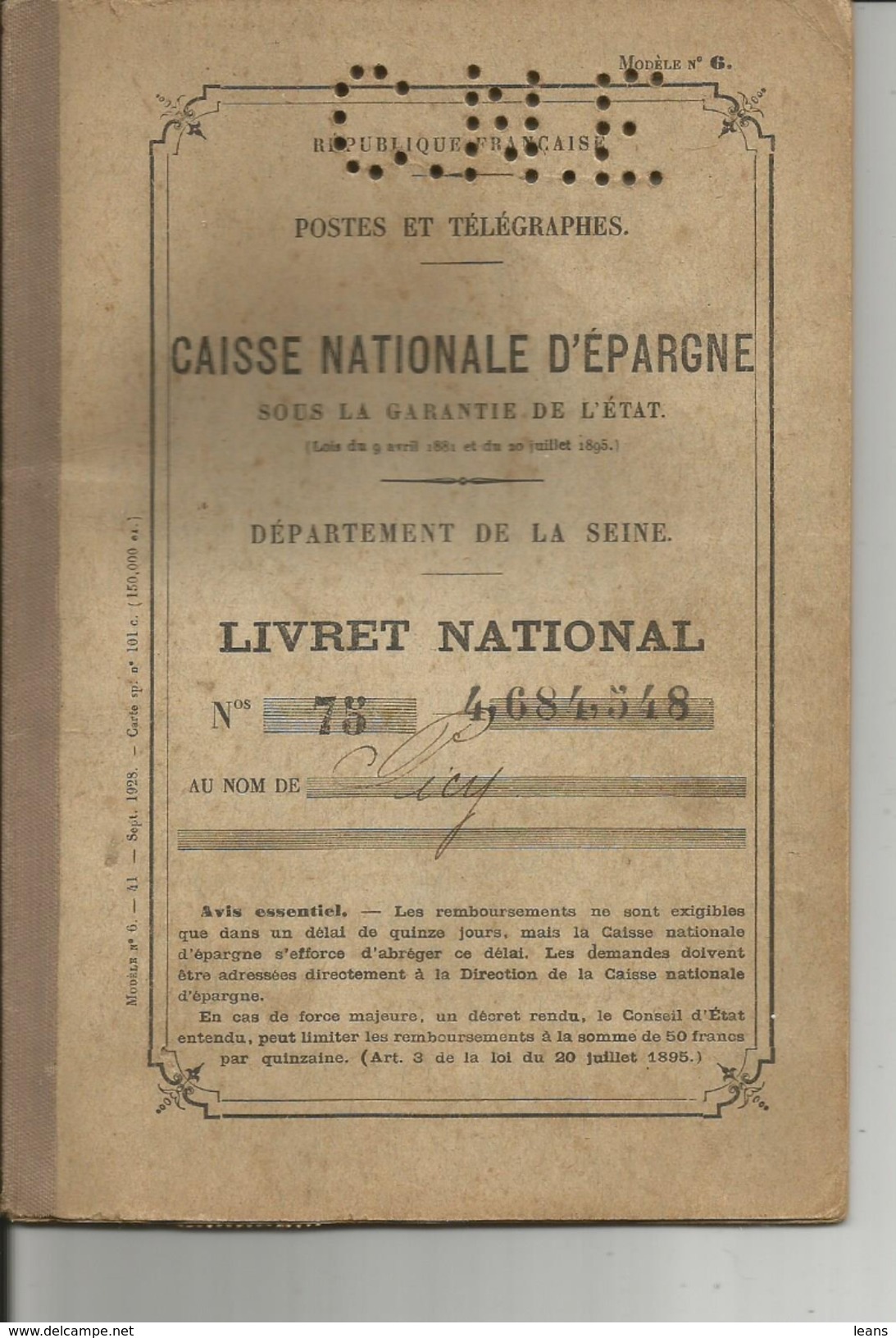 LIVRET NATIONAL D EPARGNE    Succursale De GENTILLY   1930 - Collections