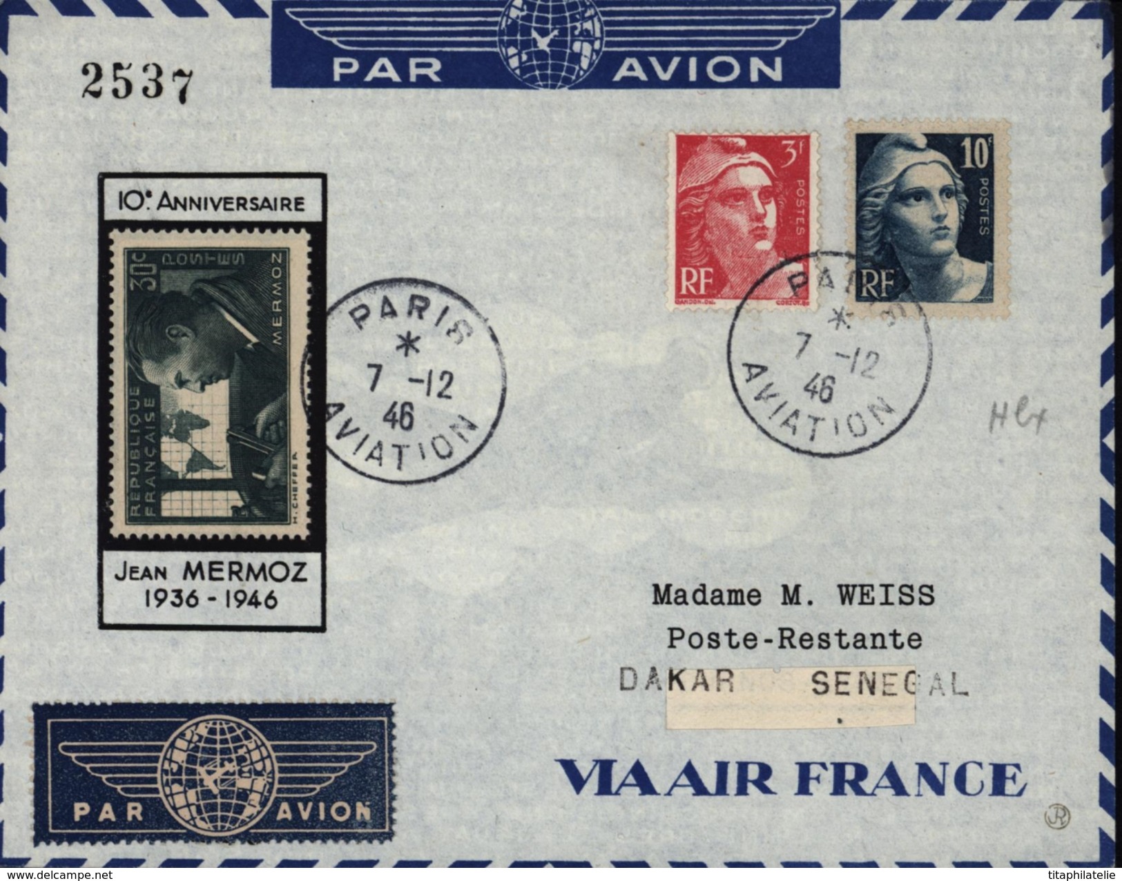 France Sénégal Avion Aviation 10ème Anniversaire Traversée Jean Mermoz YT 716 726 337 - 1960-.... Lettres & Documents