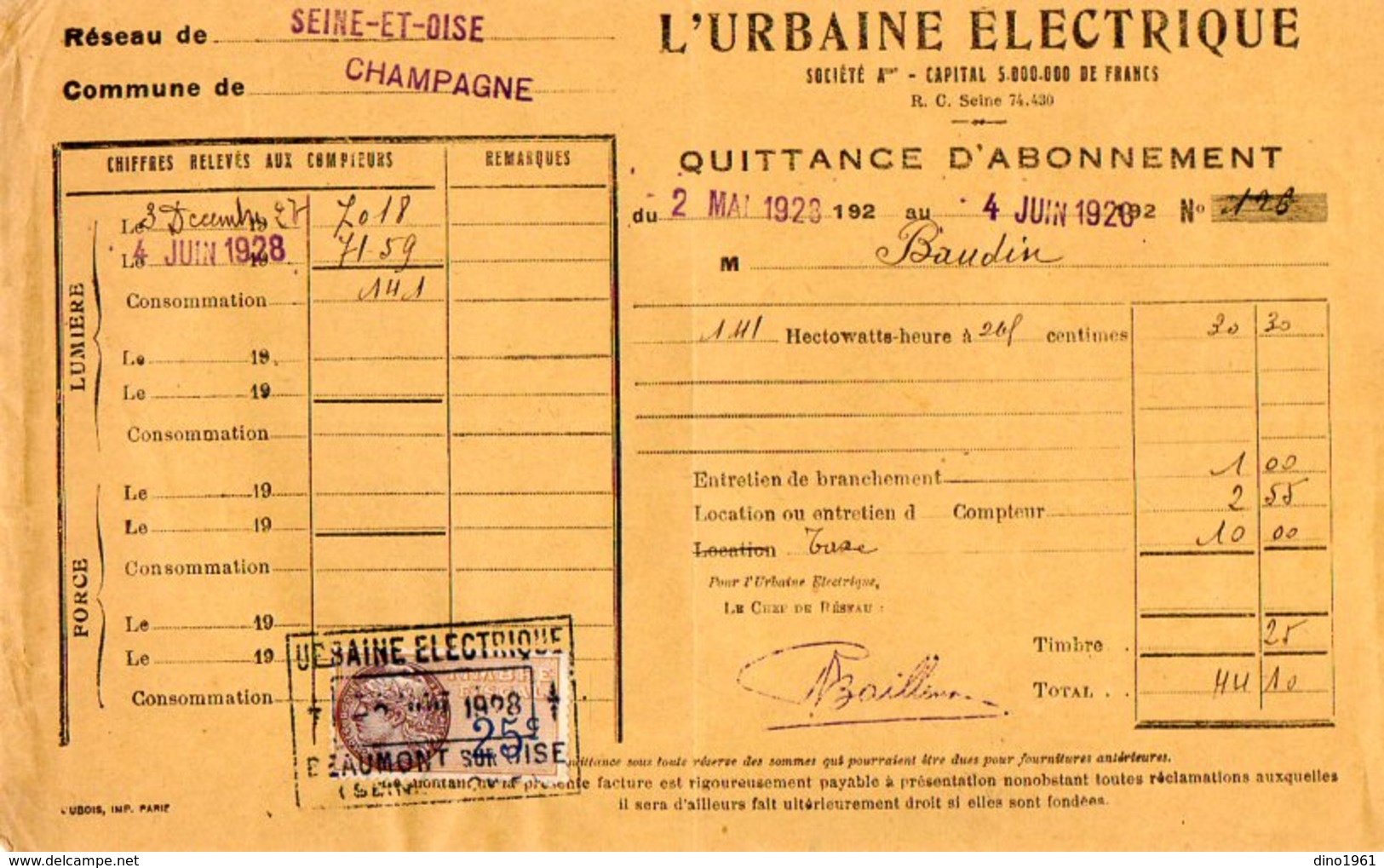 VP7160 - Quittance D'Abonnement - L'Urbaine Electrique Commune De CHAMPAGNE - Elettricità & Gas