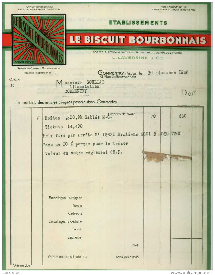 Facture Le Biscuit Bourbonnais L Lavedrine &amp; Cie Commentry Allier 1946 - 1900 – 1949