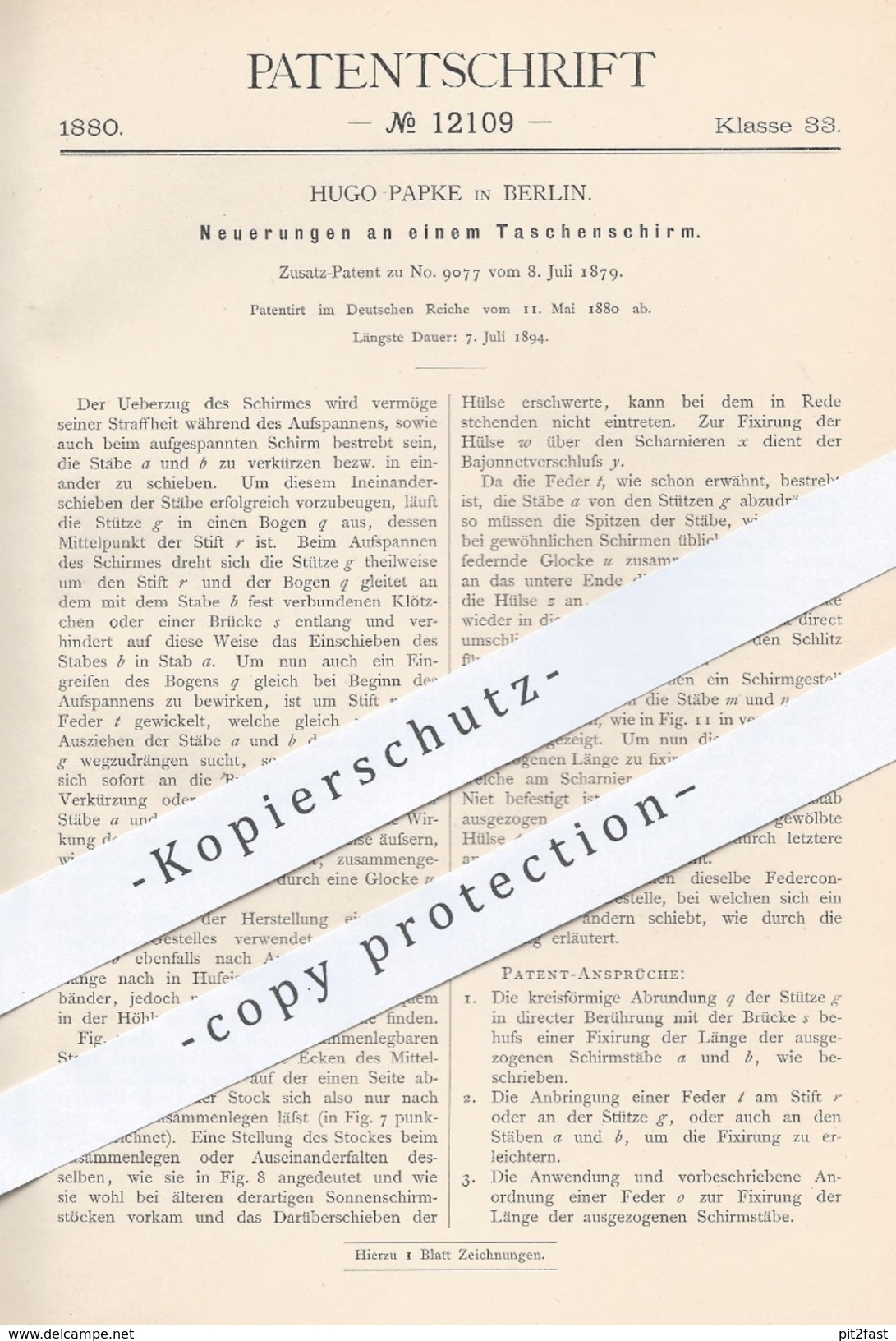 Original Patent - Hugo Papke In Berlin , 1880 , Taschenschirm | Schirm , Schirme , Regenschirm , Sonnenschirm !!! - Historische Dokumente